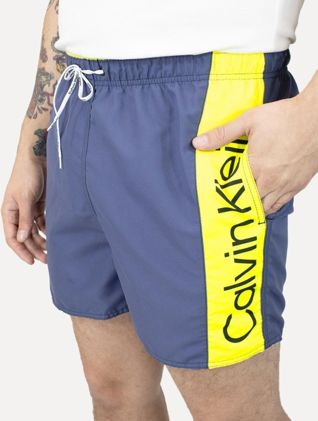 Short Calvin Klein Swimwear D Água Yellow Vertical Azul Escuro