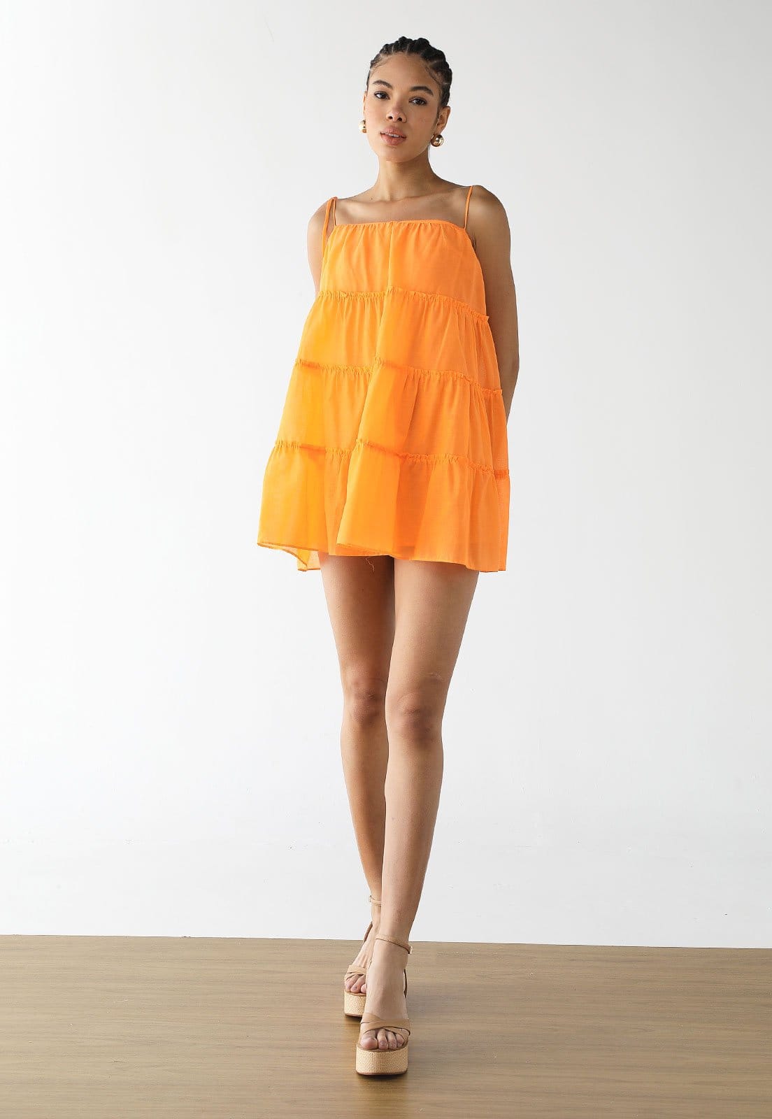 Vista 2 Vestido Feminino FARM Babados Camadas Alças Finas FARM laranja