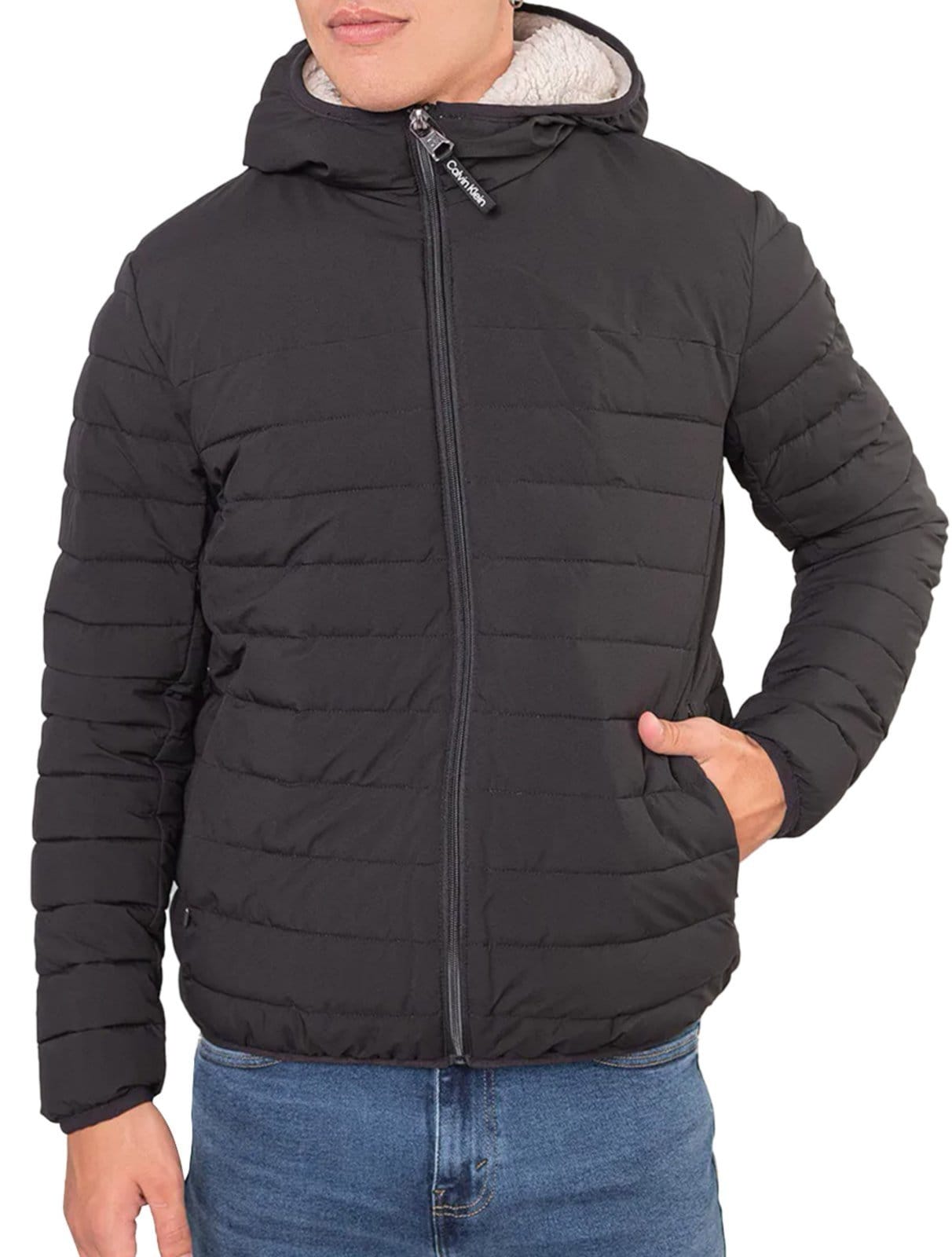 Jaqueta Calvin Klein Masculina Hoodie Matelassê Sherpa Preta