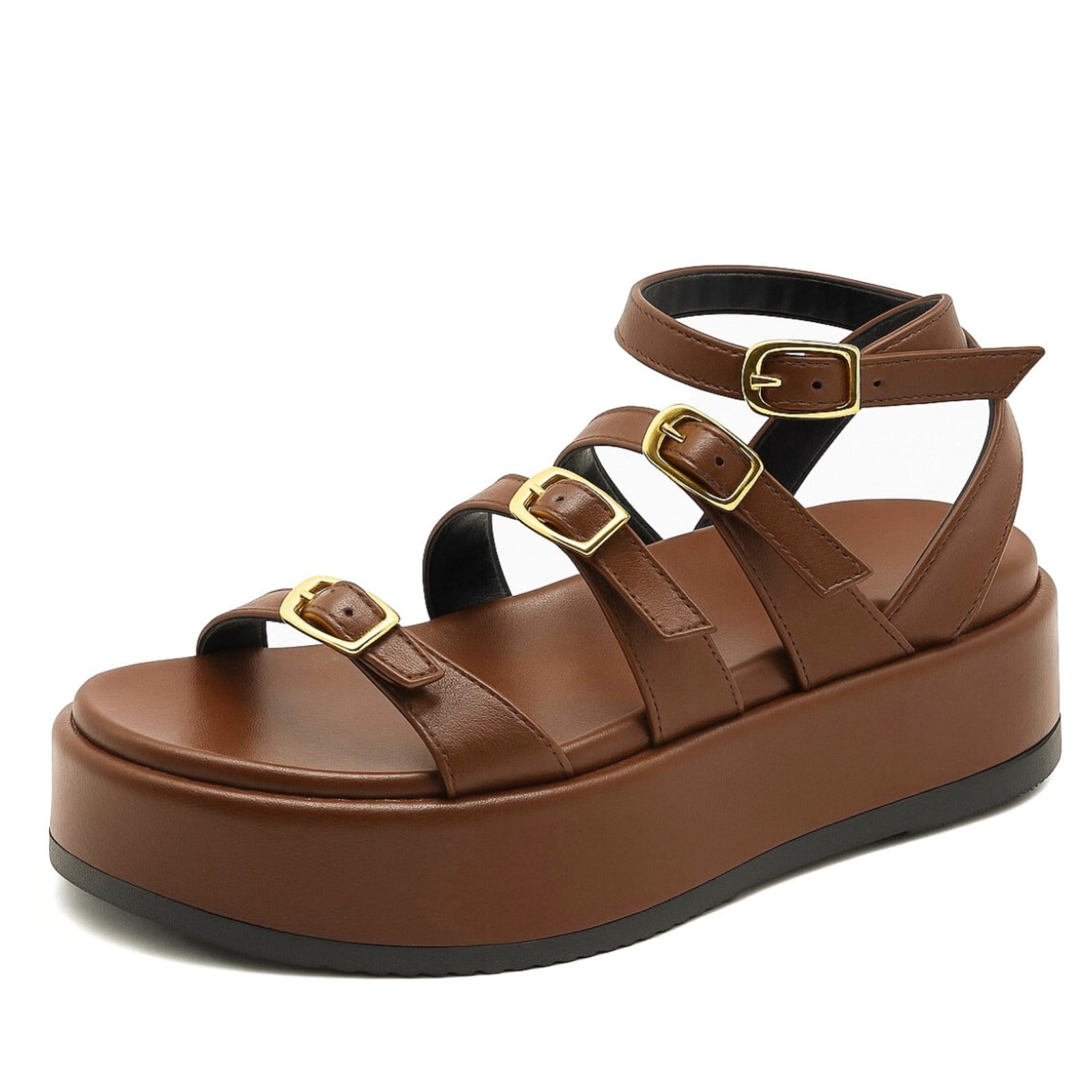 Vista 2 Sandália Papete Flatform Floter Cacau Tiras Fivelas 5302 Flor da Pele marrom