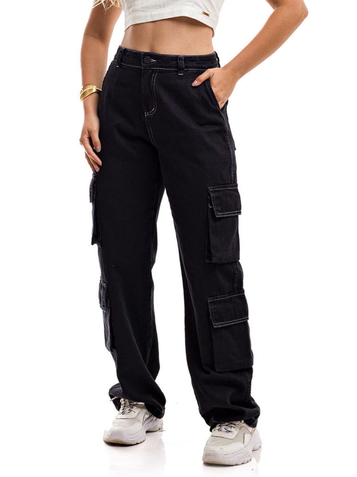 Vista 2 Calça Restrito Jeans Wide Leg Cargo 8 Bolsos Black Linhas Brancas - Preto Restrito Jeans preto black