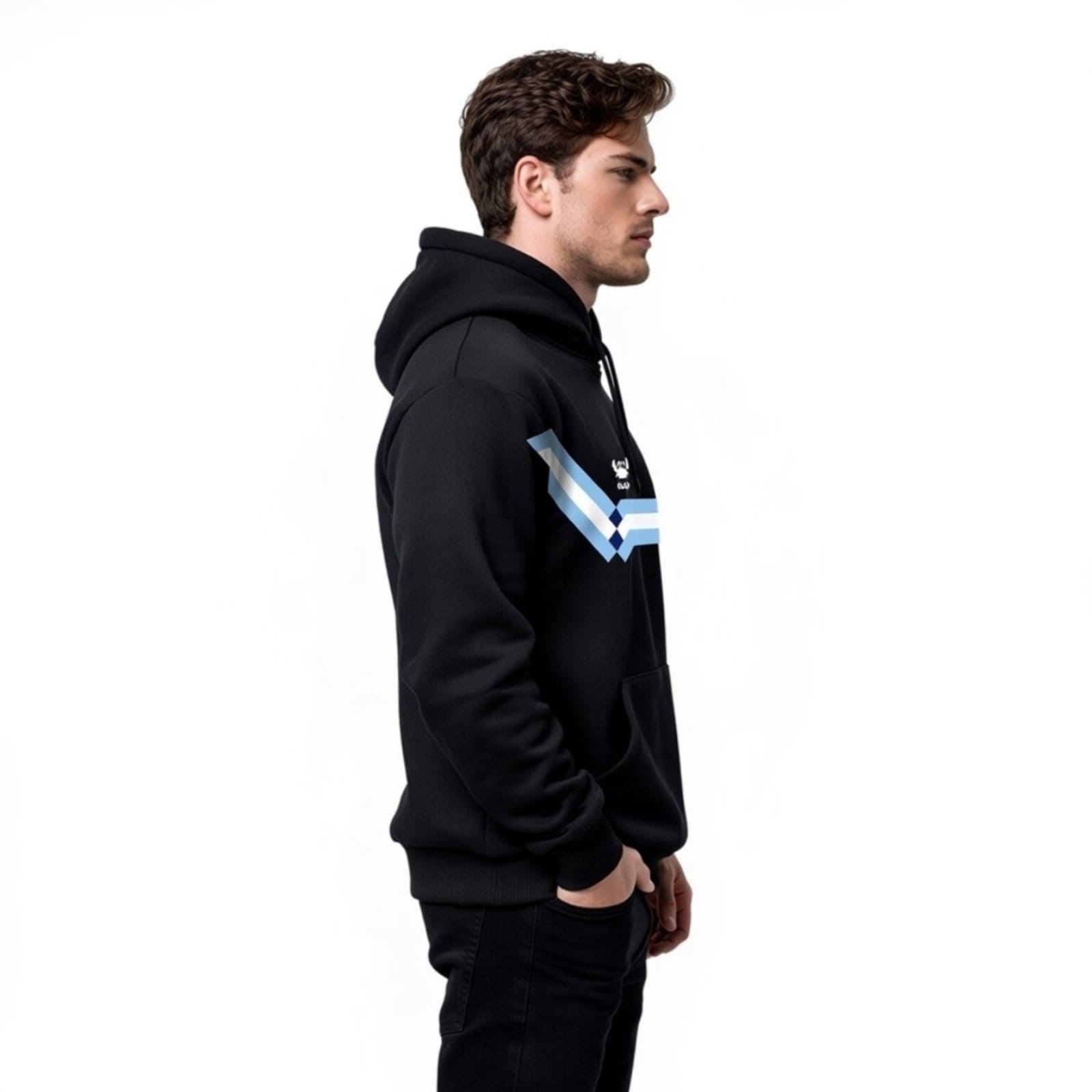 Vista 2 Moletom Modelo Canguru Com Capuz Masculino Estampado Faixa Argentina Relaxado preto