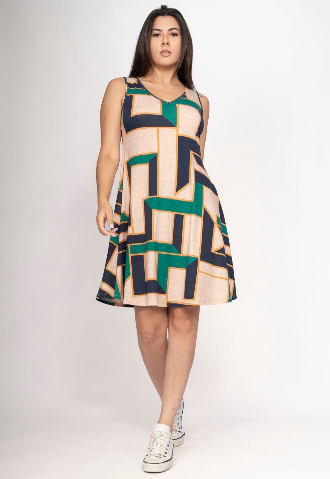 Vista 2 Vestido CabanaFree Amana Curto Regata Malha Chapada de Areia Cabanafree estampado