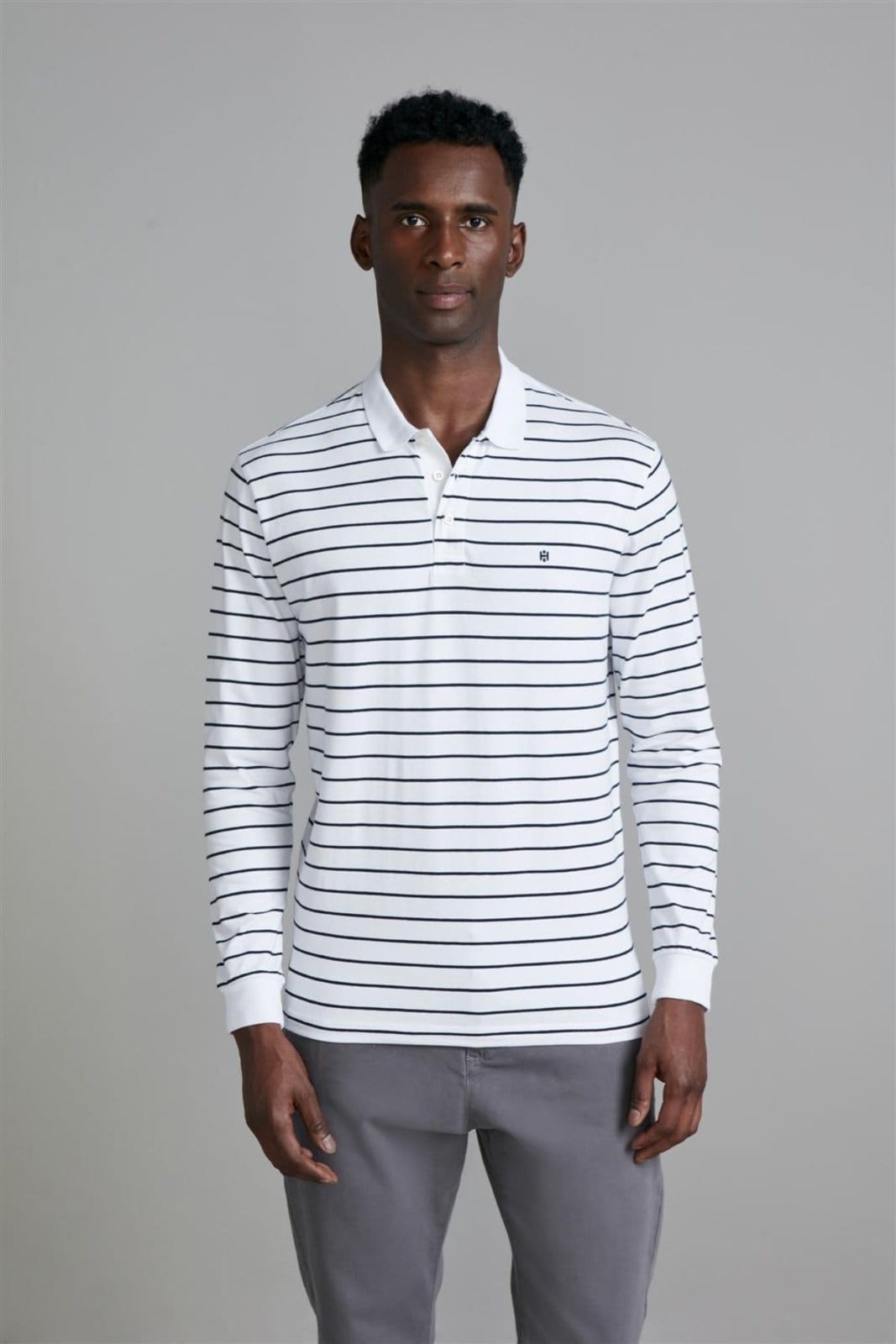 HIGHSTIL Camisa Polo Manga Longa Malha Comfort - Branco / Azul Marinho