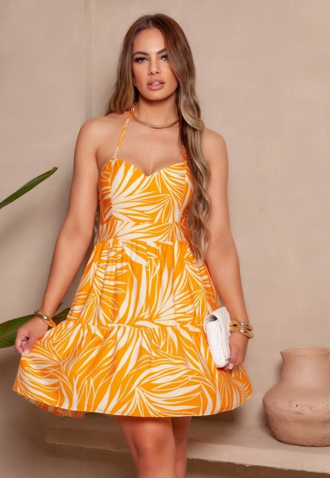 Vista 2 Vestido Curto Feminino de Alcinha com Estampa Floral Verão FS CONCEPT amarelo