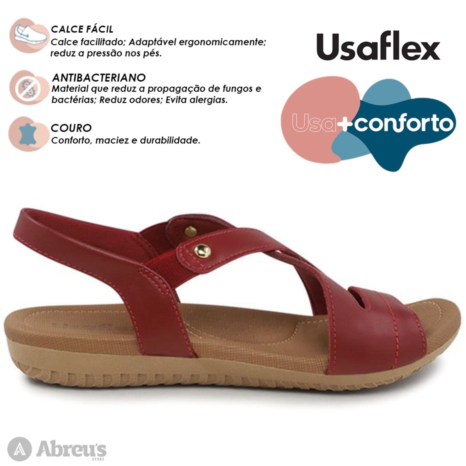 Vista 2 Sandália Usaflex Rasteira Couro Elastico Conforto R1804 Rebu - 101 Usaflex vermelho