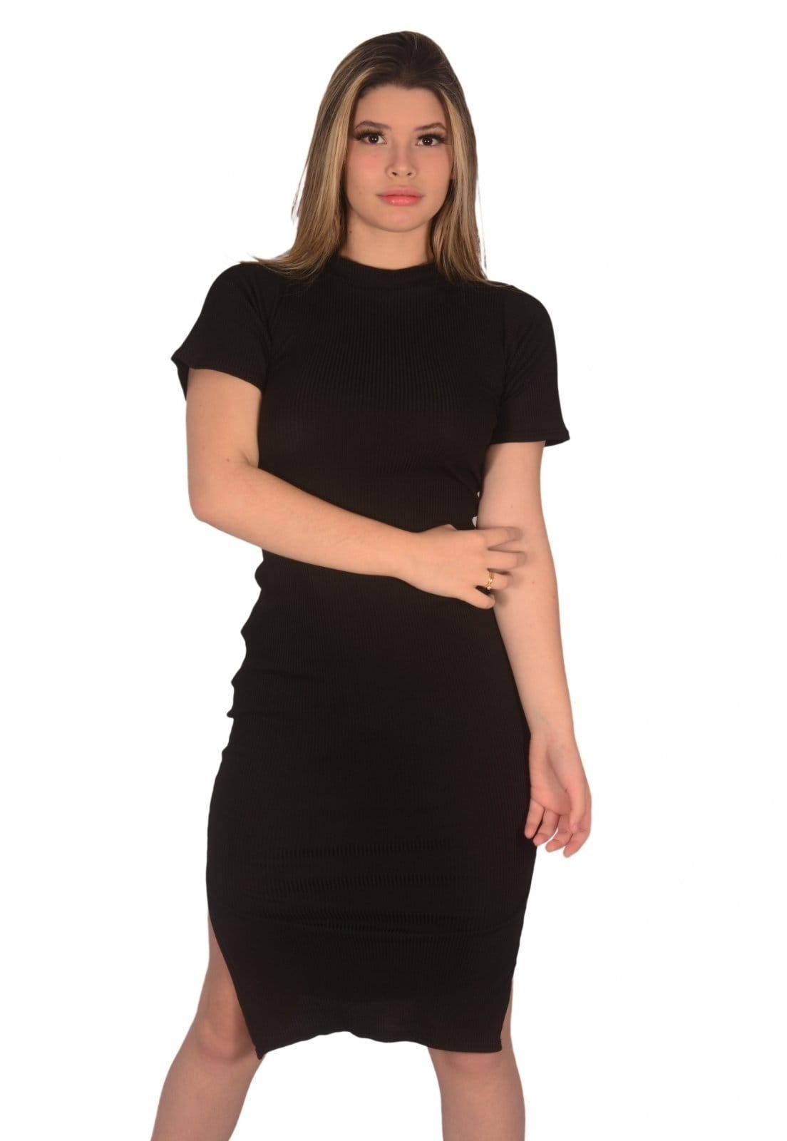 Vista 2 Vestido Manga Curta Midi Canelado Com Fenda Lateral Toda Casual preto