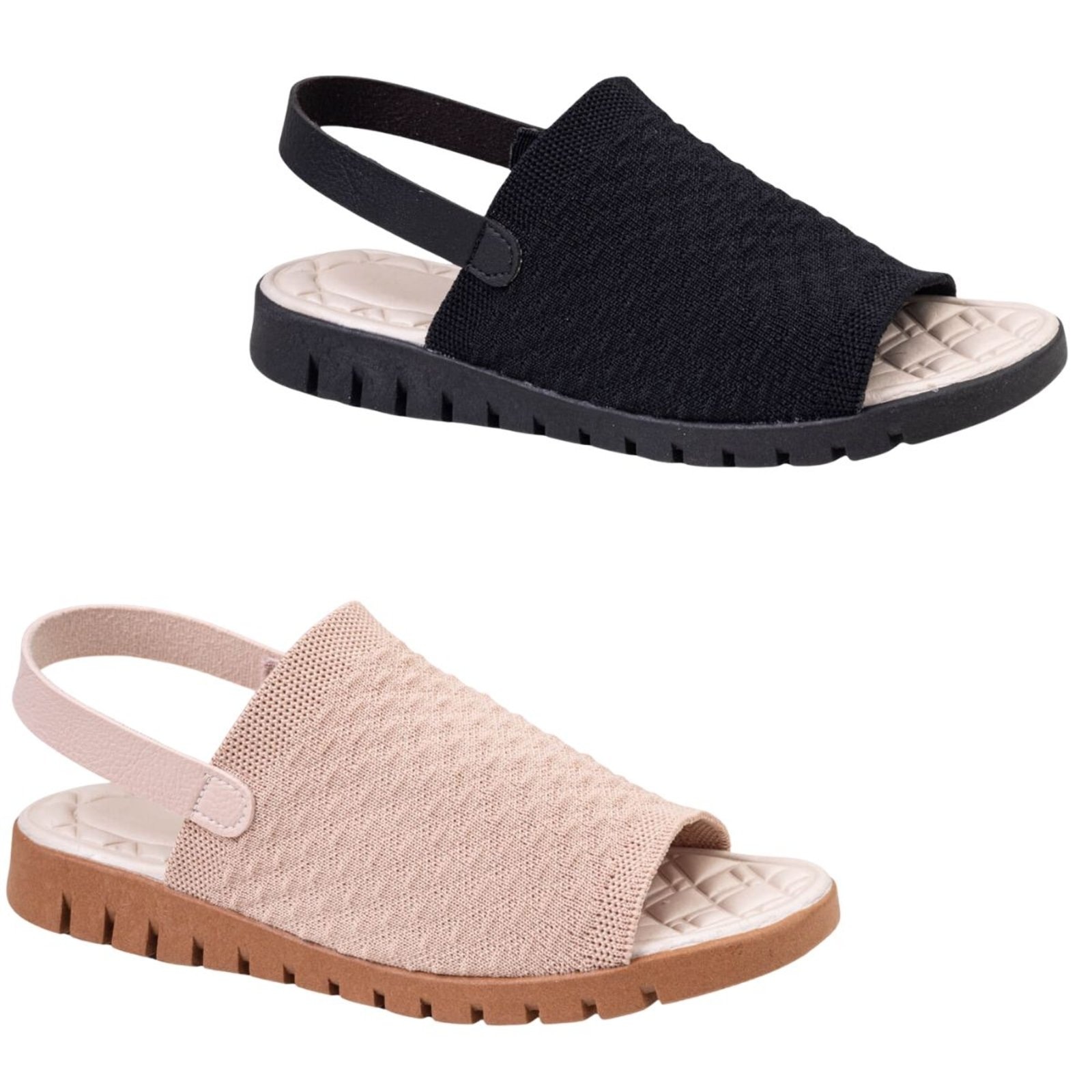 Imagem principal Kit 2 Sandália Feminina Ortopédico Knit Calce Fácil Meia Elástico Massageadora leve Confortável Via Angel 7603 Preto e VIA ANGEL nude