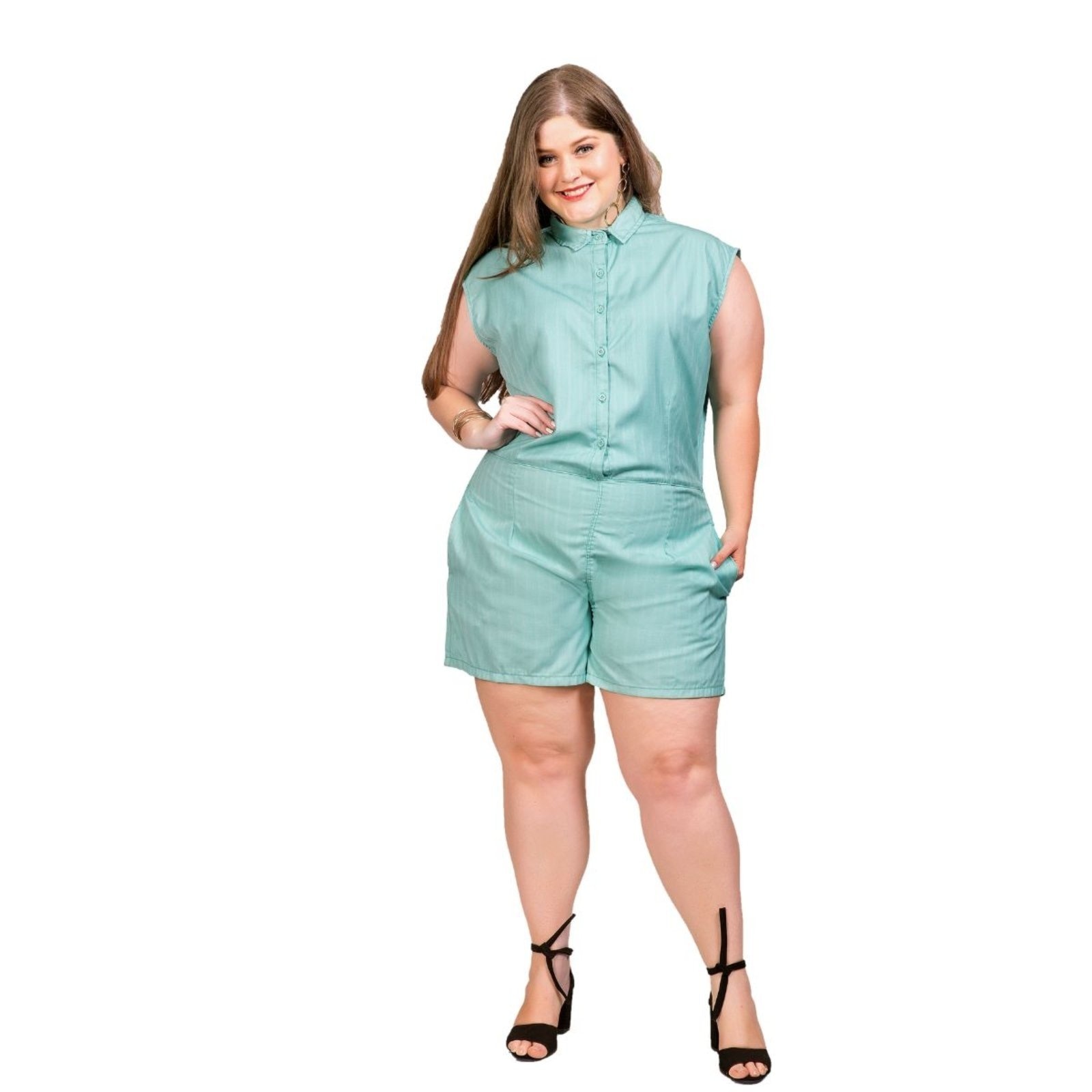 Imagem principal Macaquinho Feminino Sarja Plus Agua Com Bolso Embutido Razon Jeans verde