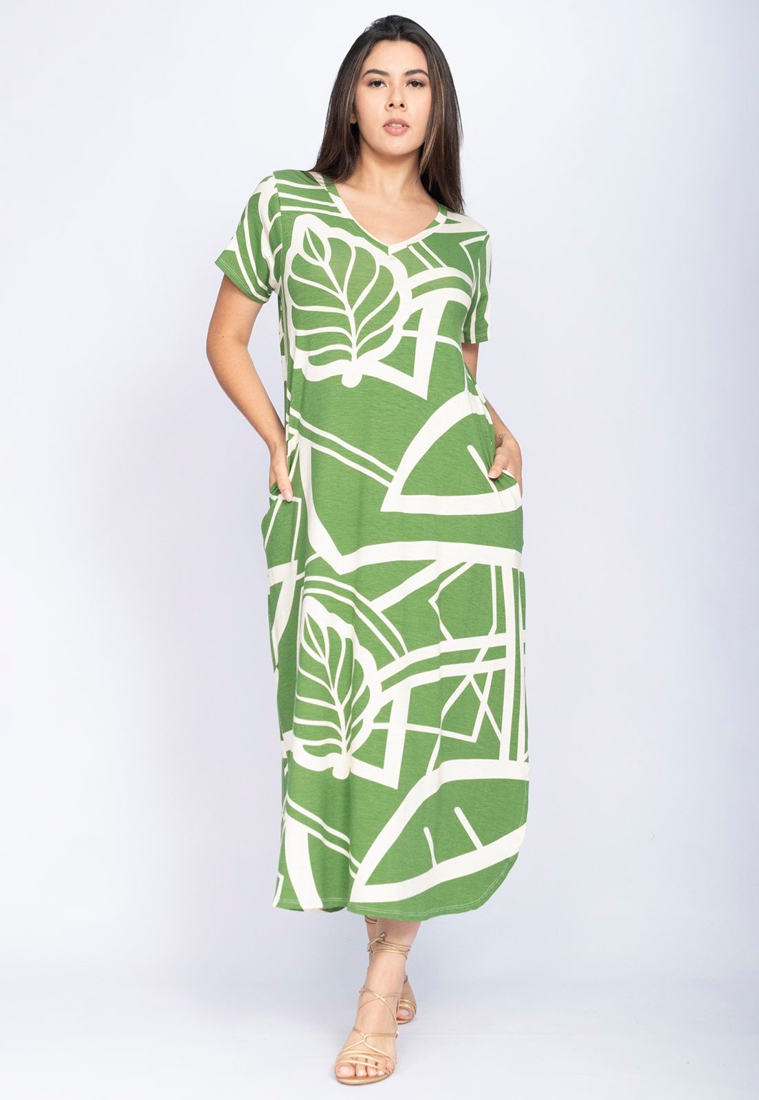 Imagem principal Vestido CabanaFree Midi Abapã Malha com Bolso Estampa Lagoa Botânica Verde Cabanafree estampado/verde verde