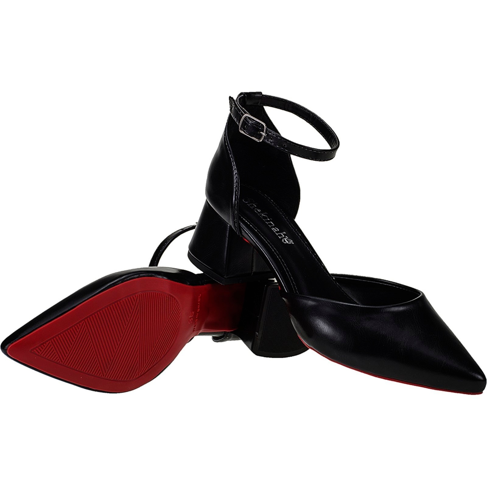 Imagem principal Scarpin Bico Fino Salto Bloco Saia e Blusa Salomé Shekinah Social Luxo Sola Vermelha Chic Shekinah preto