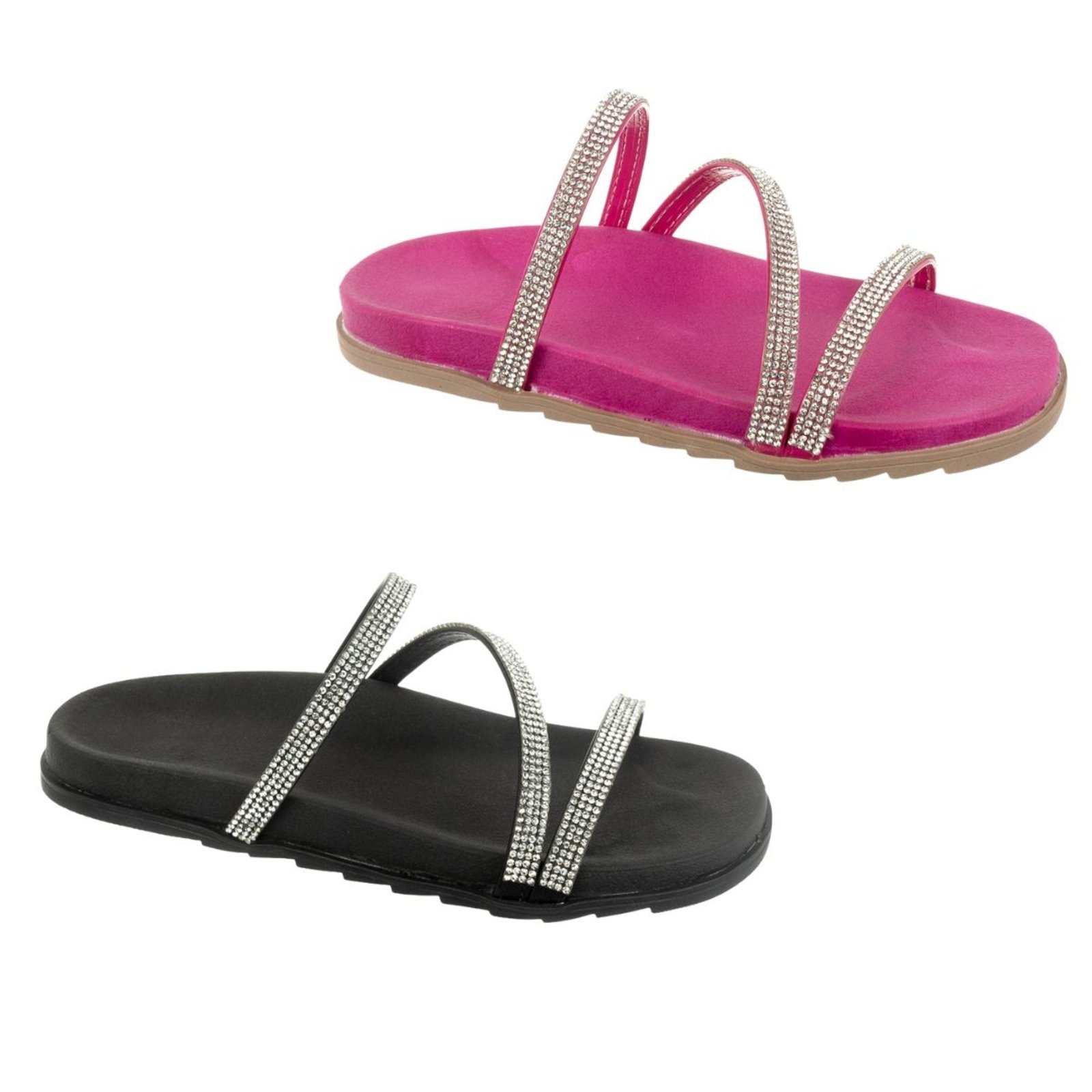 Imagem principal KIT 2 Sandália Birk feminina Rasteira Flat Strass Brilho Anatômico Via Angel 6302. Preto e VIA ANGEL pink