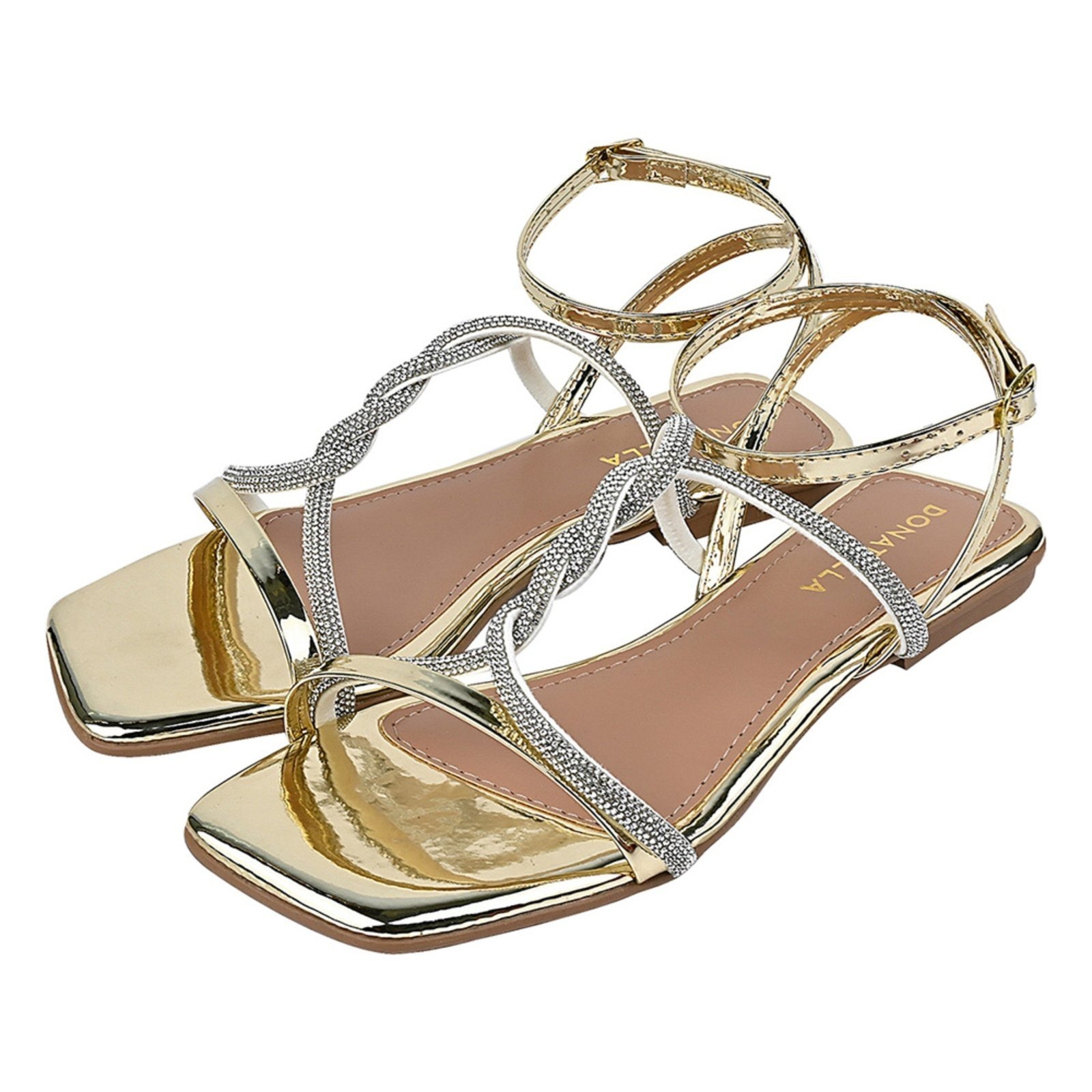 Imagem principal Sandália Rasteira Feminina Donatella Bico Quadrado Brilho Strass Metalizado Trança Novo Ouro Light Monte Shoes dourado