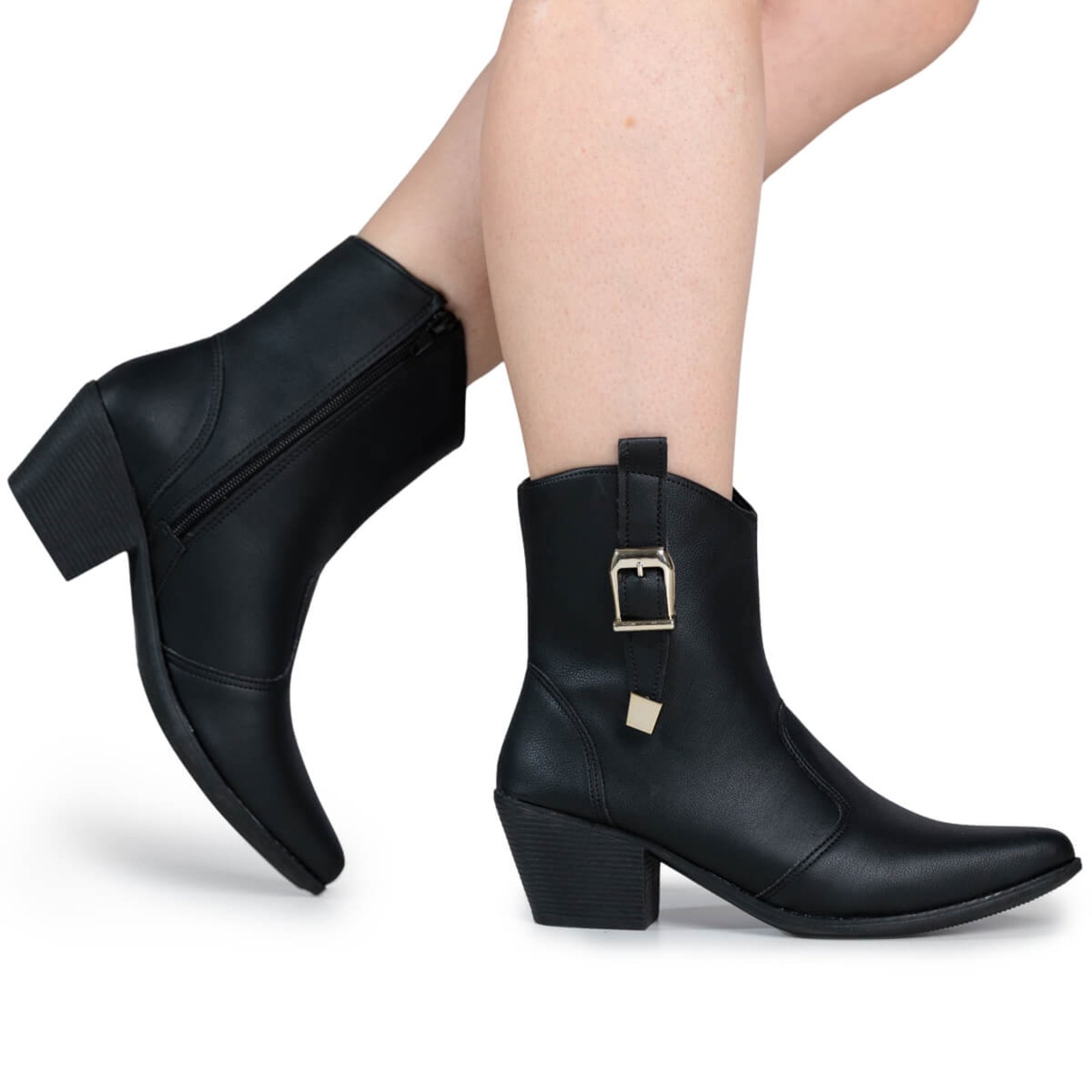 Imagem principal Bota Texana Feminina Boiadeira Country Fivela Bico Fino Cano Curto Casual Via Angel 69.02 VIA ANGEL preto