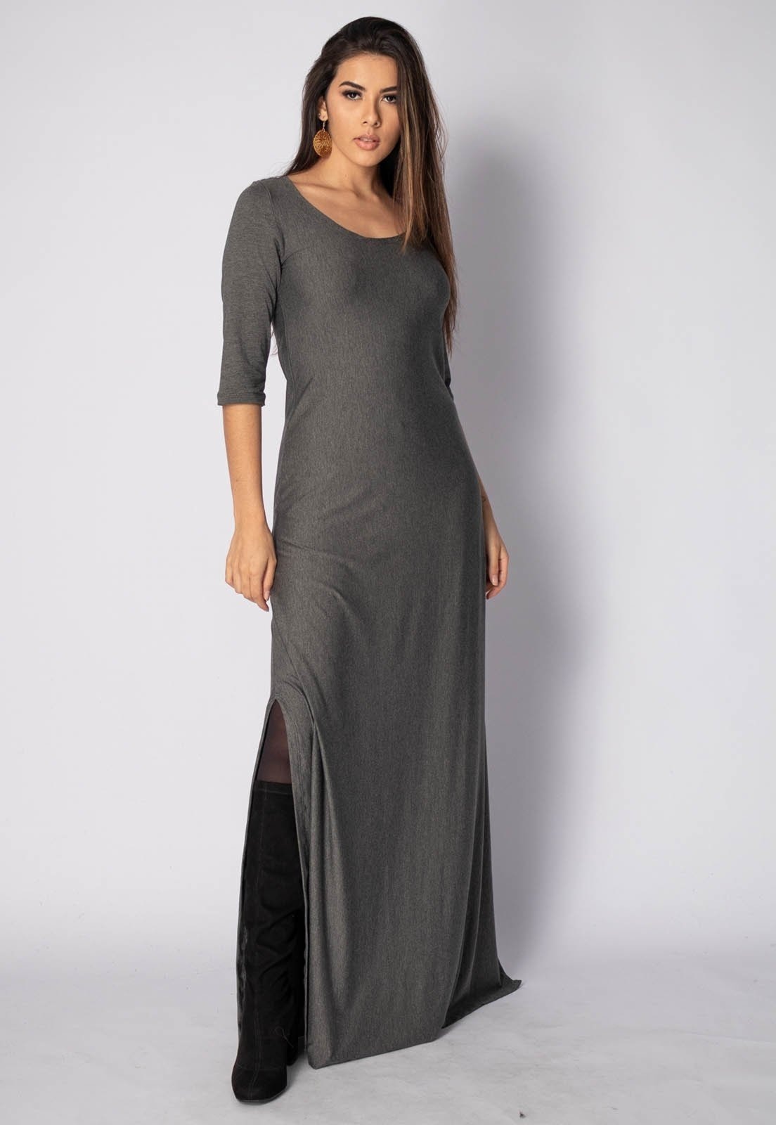 Imagem principal Vestido Longo Amazonia Vital Malha Manga 3/4 Gola Canoa Mescla Amazonia Vital cinza