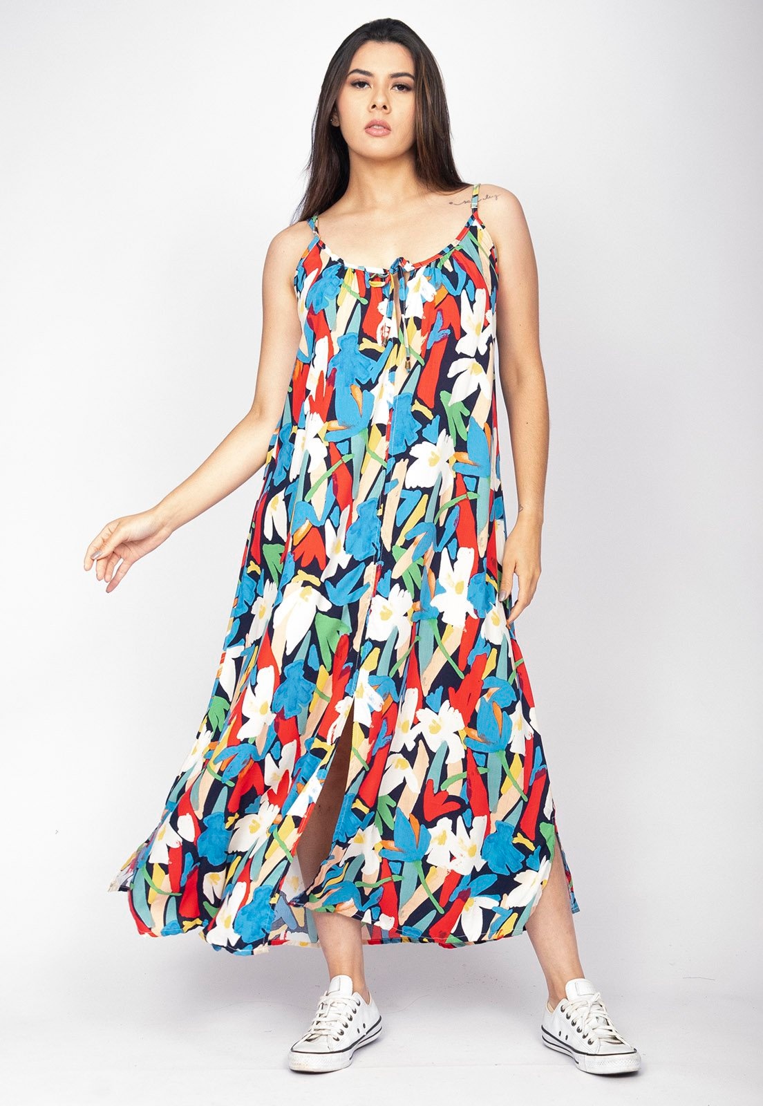 Imagem principal Vestido Longo Cabanafree Caçuá Viscose Alça Fina Estampa Floresce Cabanafree estampado/off-white/verde/vermelho