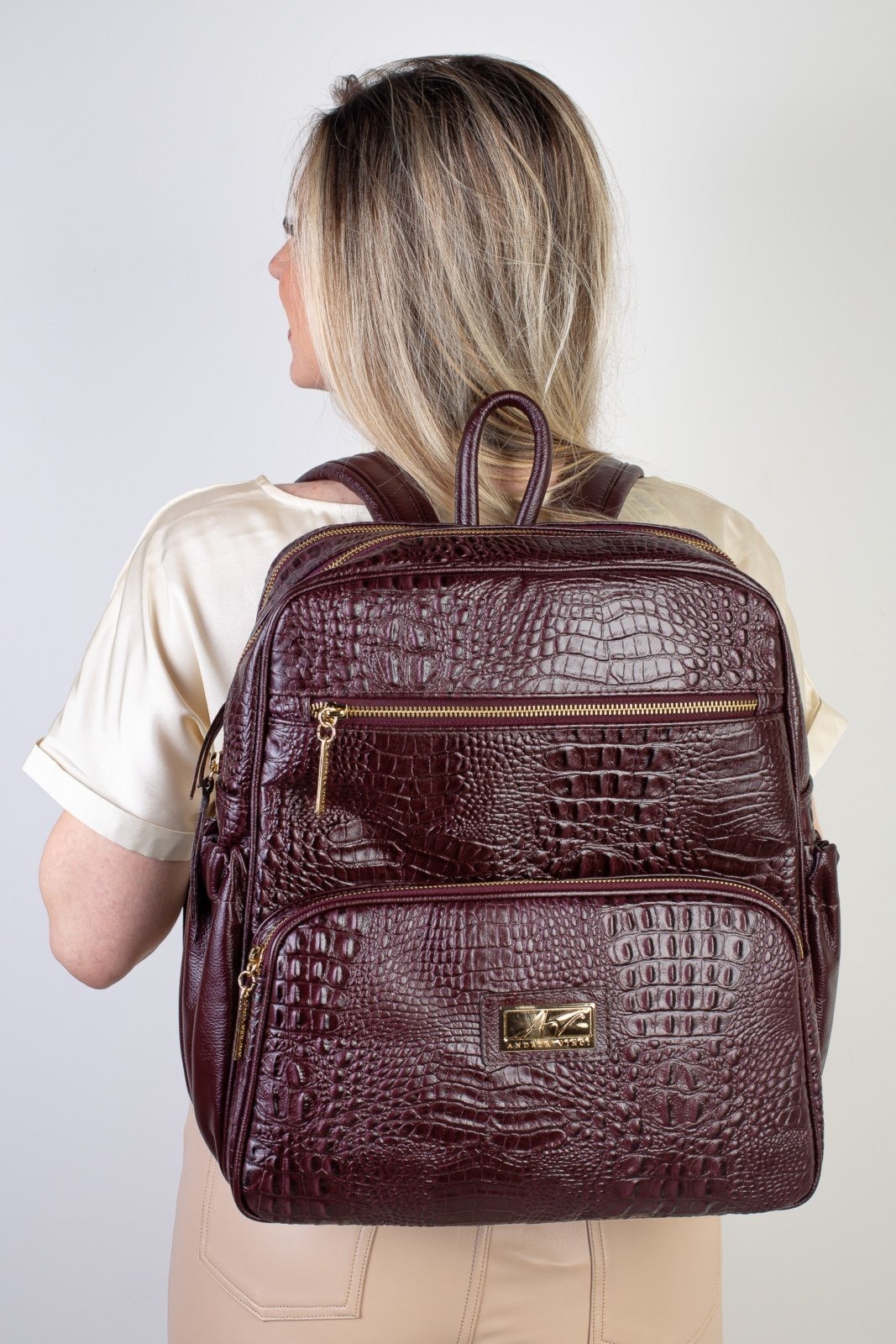 Imagem principal Mochila grande de couro croco Zooey - Marsala Andrea Vinci bege