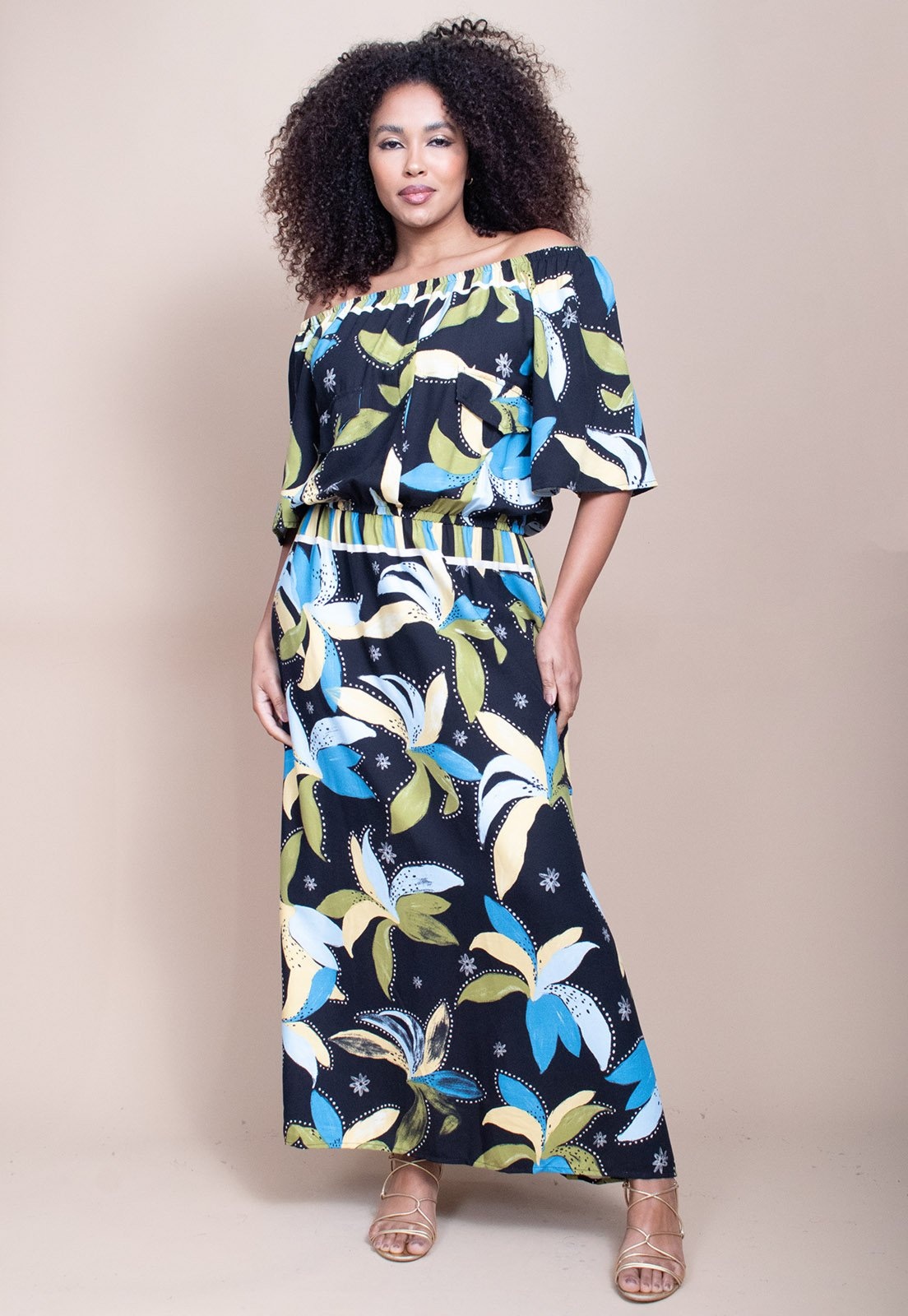 Imagem principal Vestido Midi Cabanafree Ciganinha Viscose com Lapela Estampa Jardim Noturno Cabanafree azul/estampado/verde