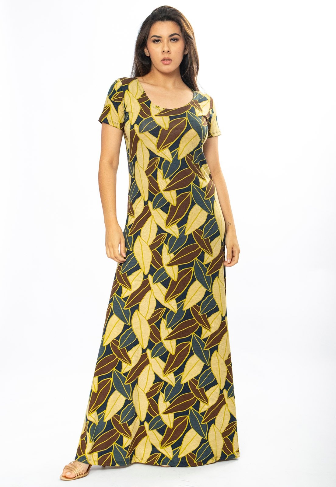 Imagem principal Vestido Longo Cabanafree Malha Gola Canoa Manga Curta Estampa Folhas de Outono Cabanafree estampado/marrom