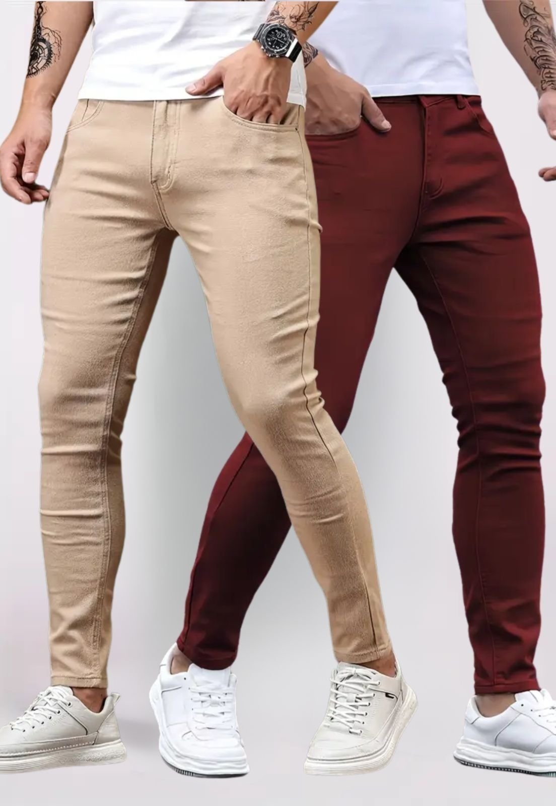 Imagem principal Kit 2 Calças Masculinas de Sarja 5 Estilos Corte Tradicional Bege e Vinho 5 ESTILOS multicolorido