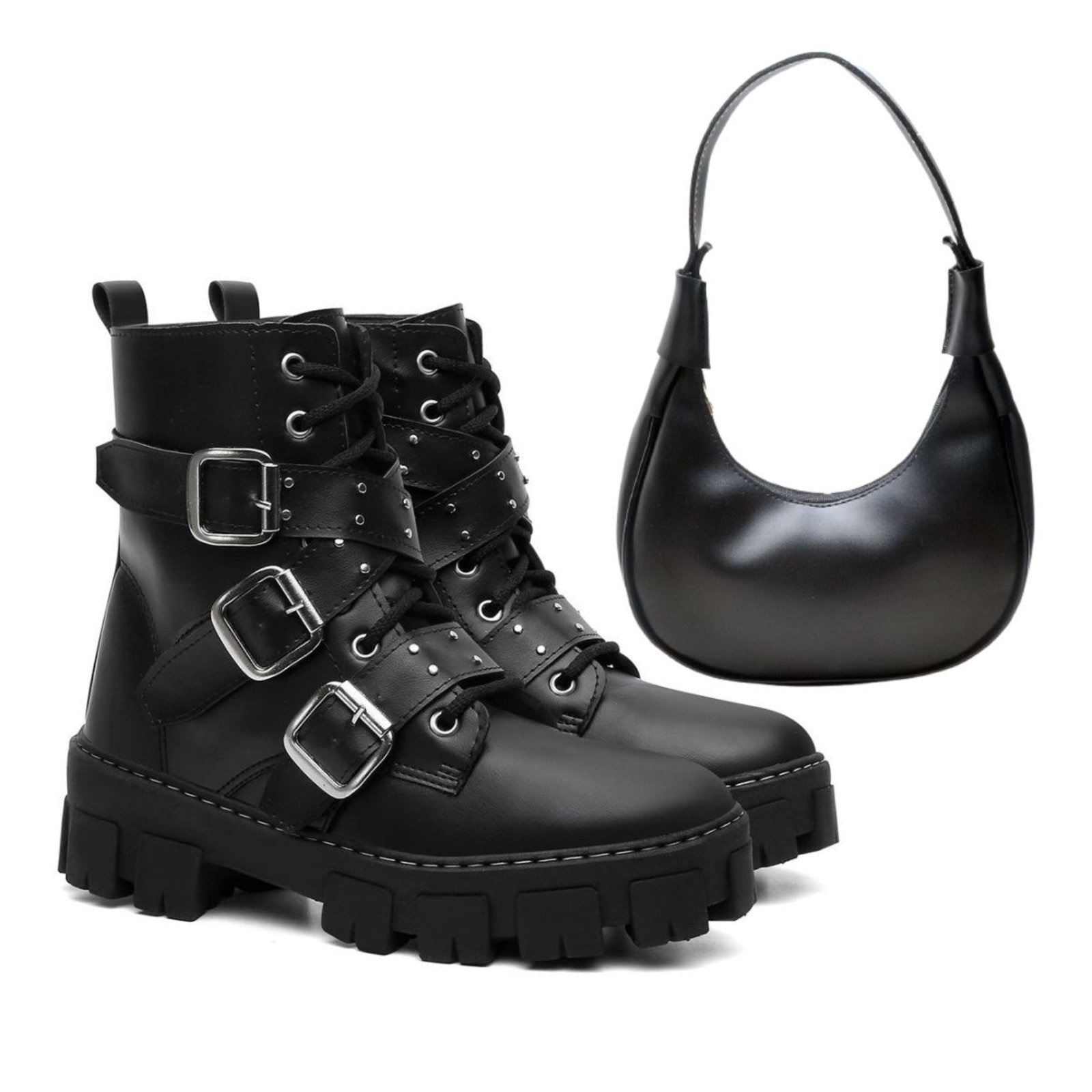 Imagem principal Kit Bota Coturno Feminino Anna Andrade Casual Tratorado Cano Baixo Fivelas Tendência e Bolsa Anna Andrade preto