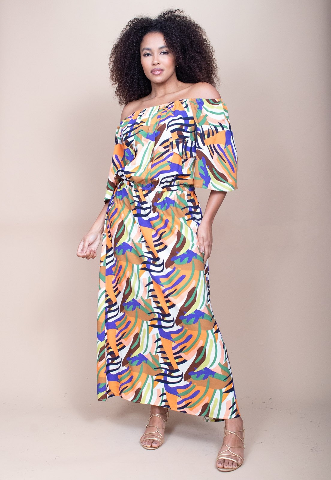 Imagem principal Vestido Midi Cabanafree Ciganinha Viscose com Lapela Estampa Cores Vibrante Cabanafree azul/estampado/laranja