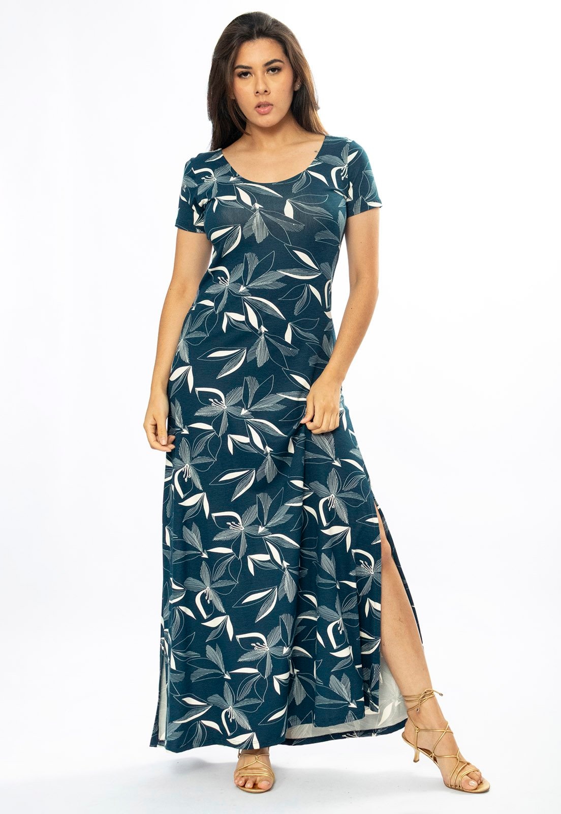 Imagem principal Vestido Longo Cabanafree Malha Gola Canoa Manga Curta Estampa Hibisco Blue Cabanafree estampado/off-white blue