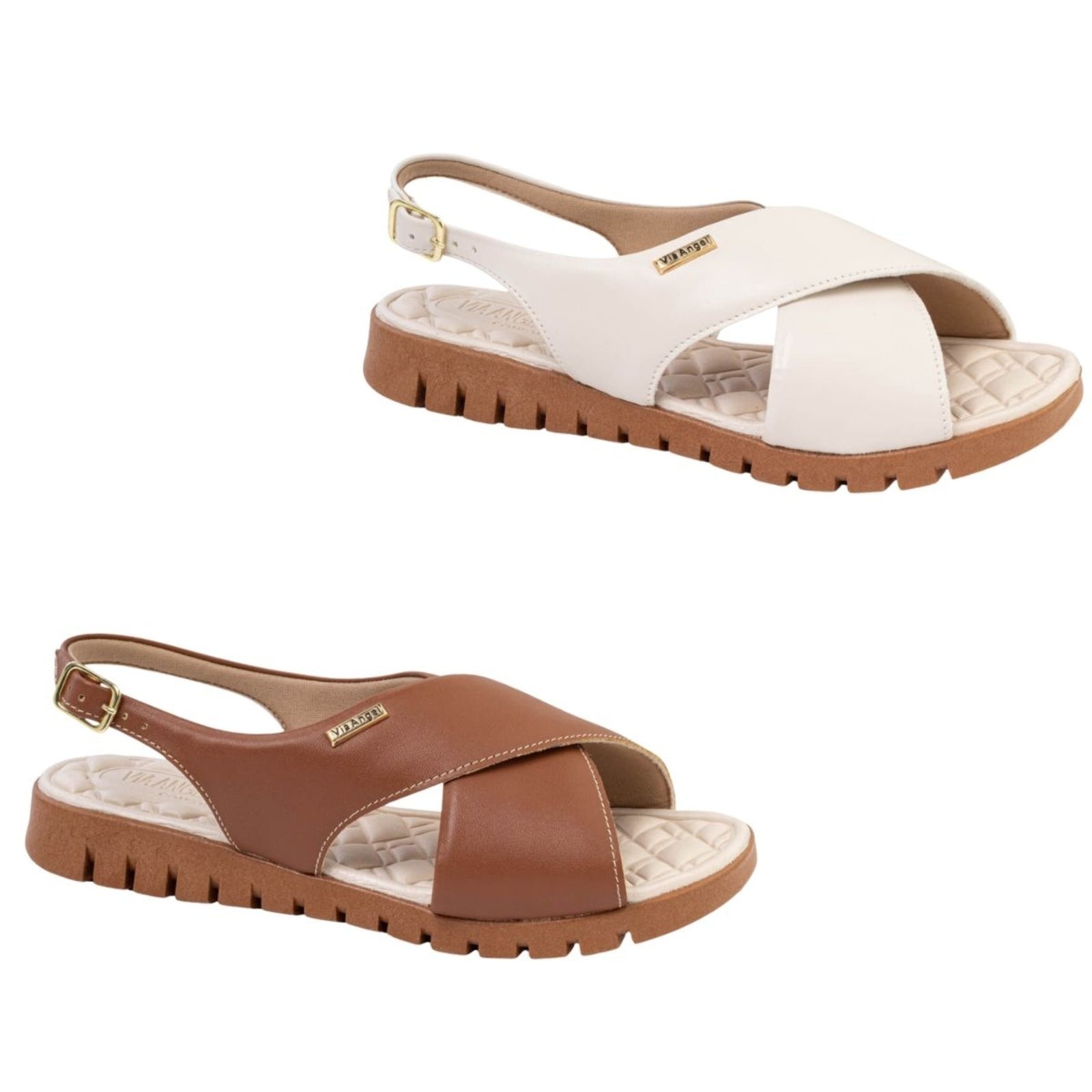 Imagem principal KIT 2 Sandália Feminina Ortopédica Via Angel Tratorada de X Confortável Estilosa 76.05 Caramelo e Off VIA ANGEL white