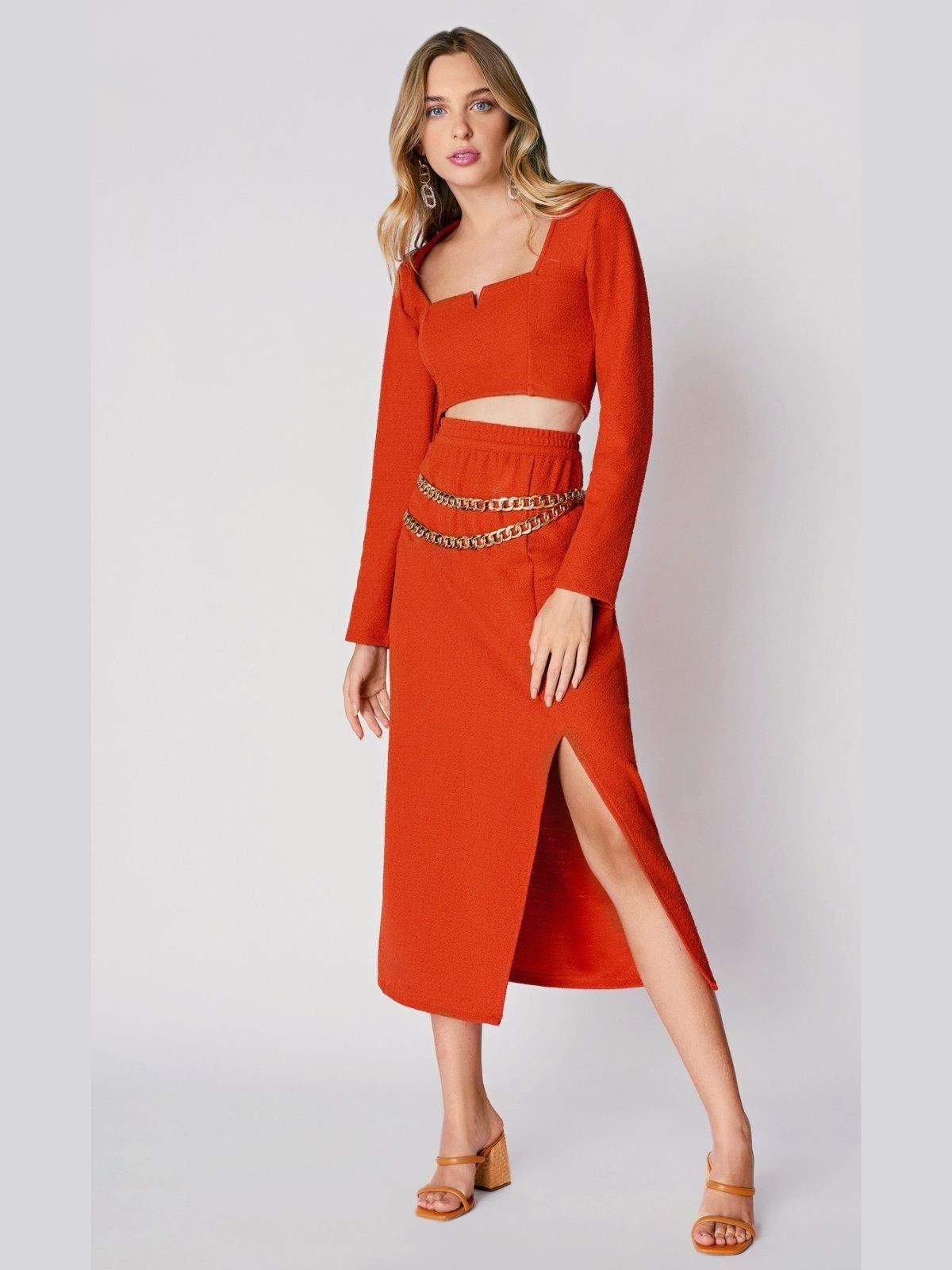 Imagem principal Saia Zinco Midi Reta Com Fenda Zinco laranja