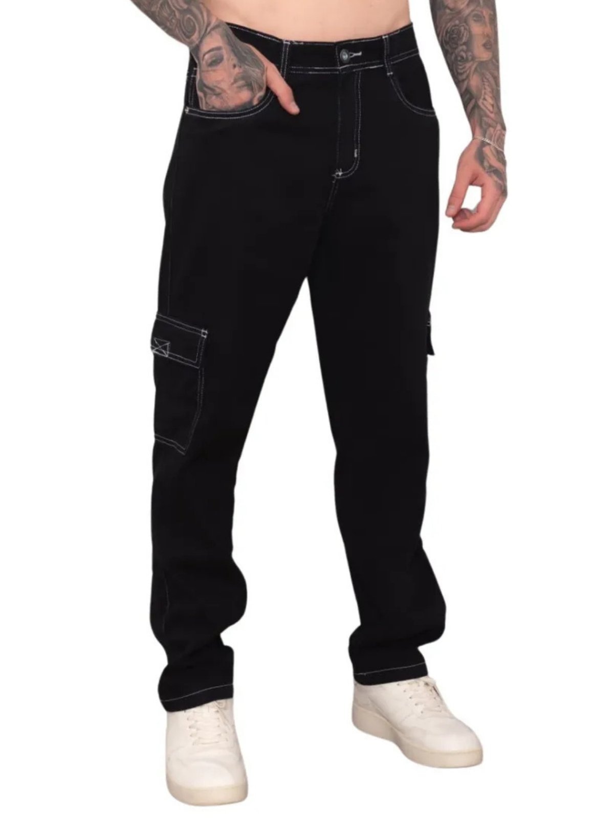 Imagem principal Calça Masculina Jeans Light Cargo Costura Branca JEANS LIGHT preto