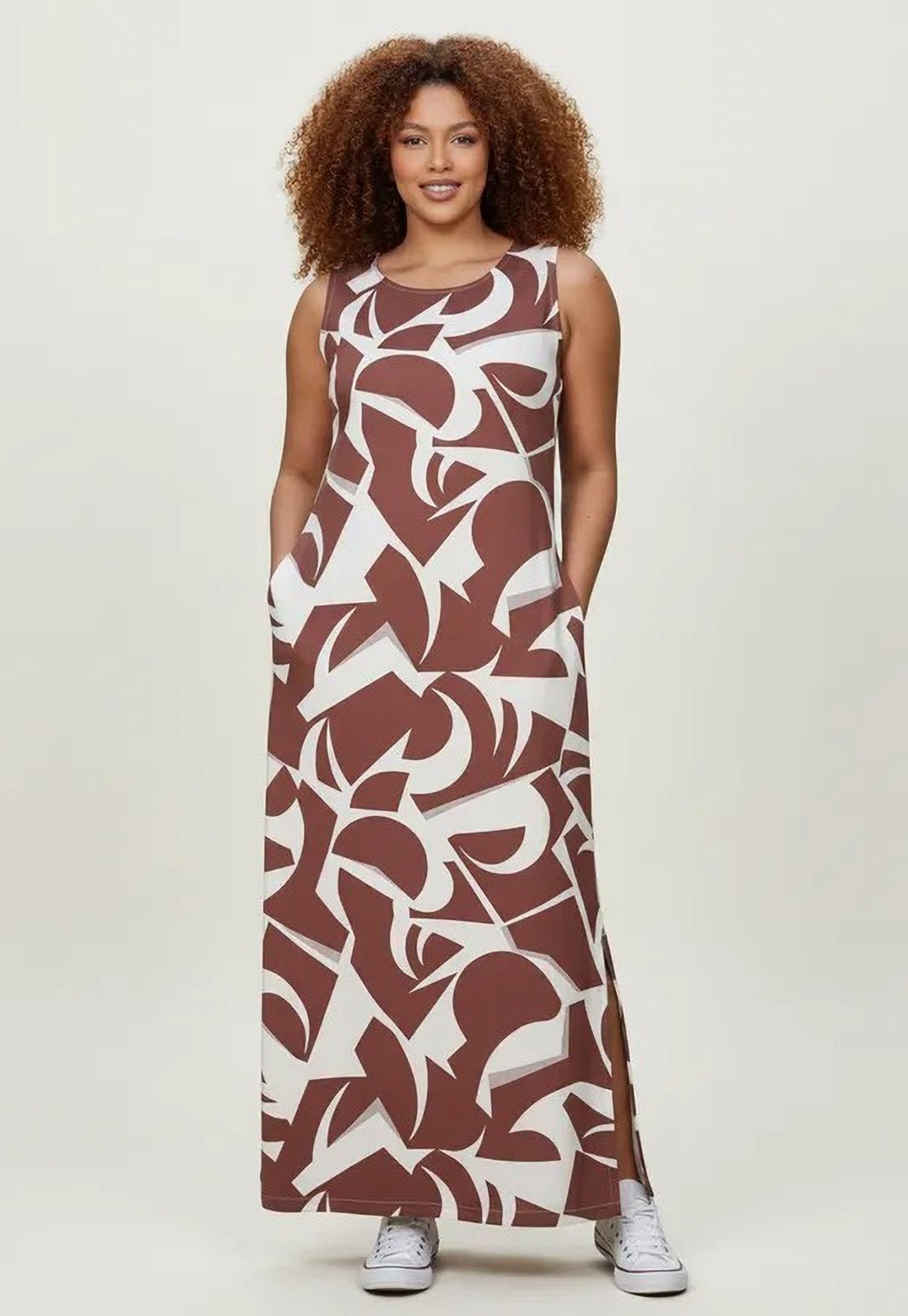 Imagem principal Vestido CabanaFree Longo Plano com Bolso Estampa Raizes Marrom Cabanafree estampado