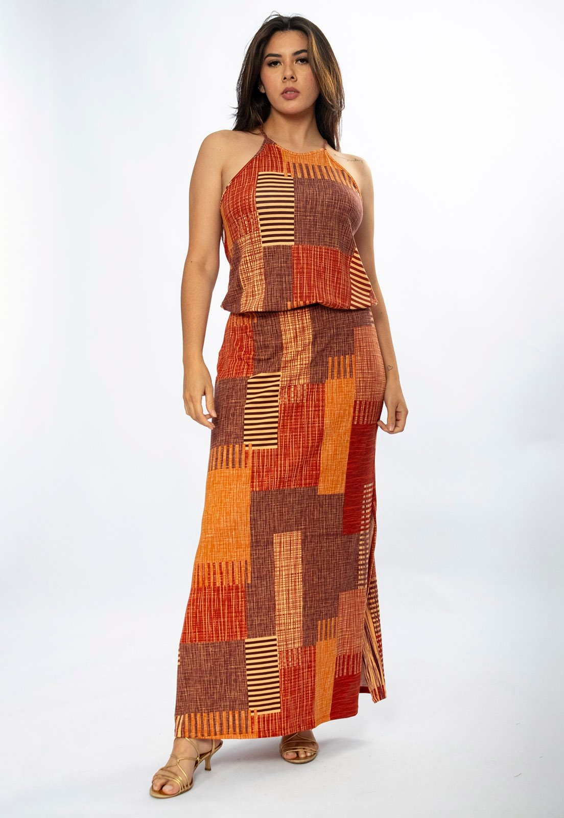 Imagem principal Vestido Longo Amazônia Vital Malha Trapézio com Elástico na Cintura Tramas do Sol Amazonia Vital bege/marrom/vermelho