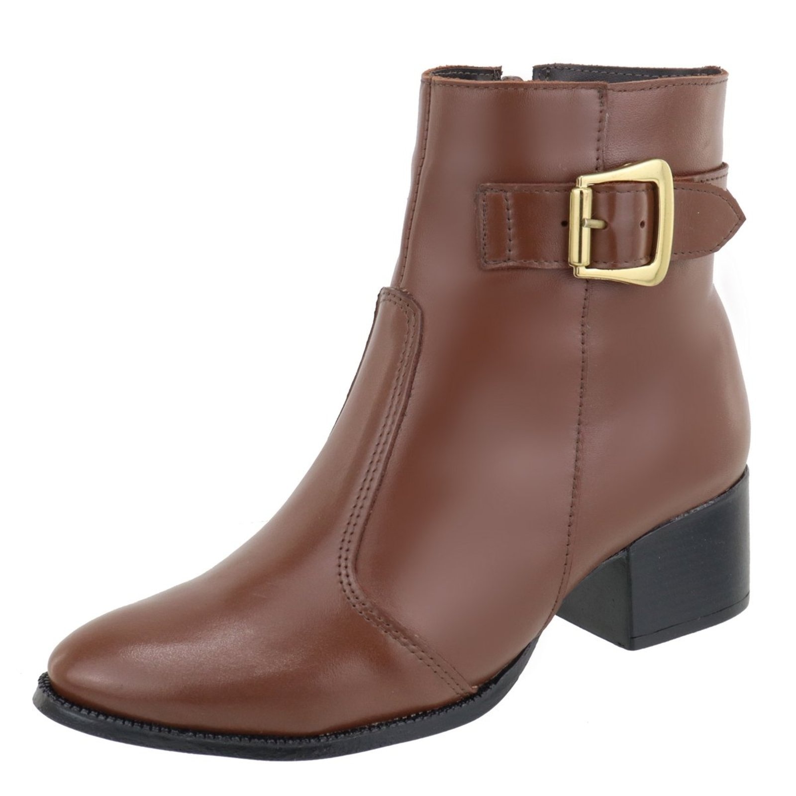 Imagem principal Bota em Couro Feminina Salto Cano Baixo Fivela Bico Fino Conhaque TELLINI STORE caramelo