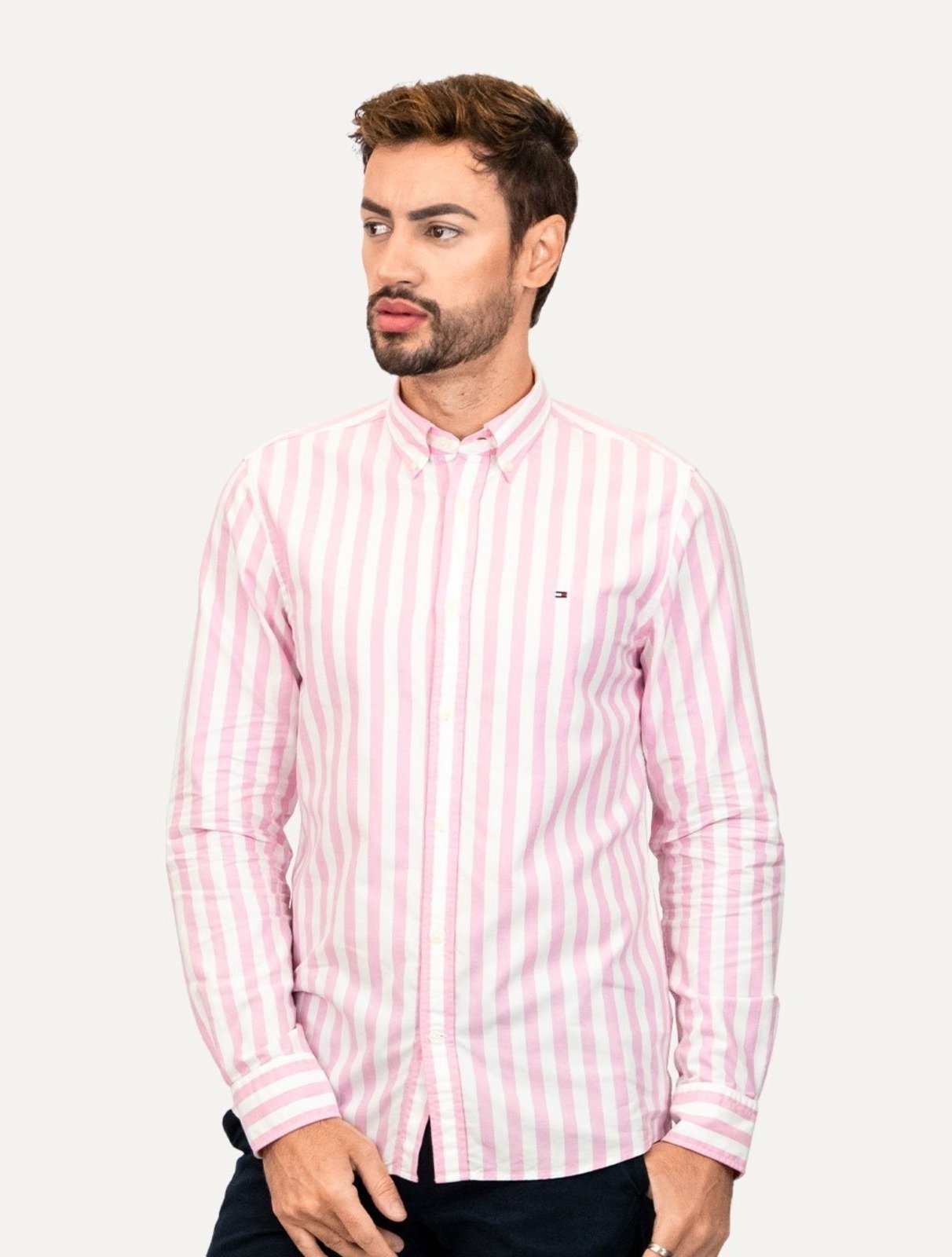Imagem principal Camisa Tommy Hilfiger Masculina Oxford Slim Bold Stripe Claro Tommy Hilfiger rosa