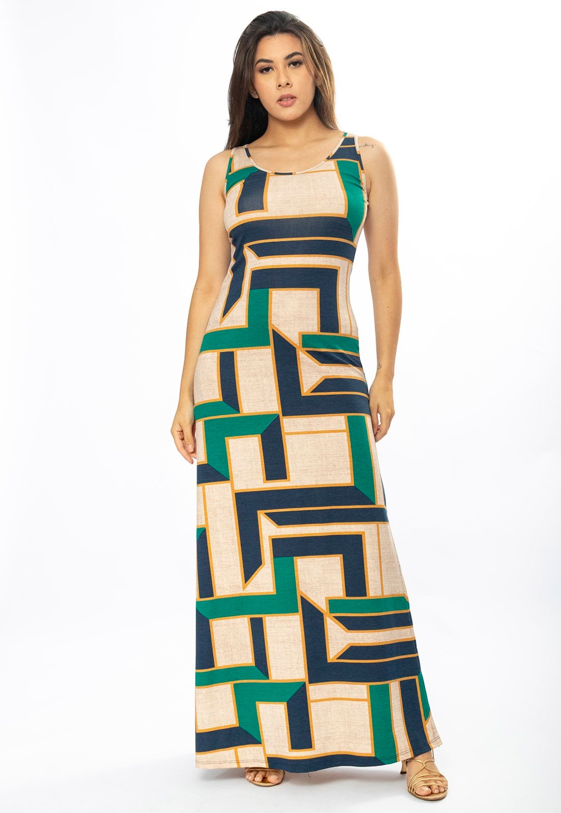 Imagem principal Vestido Longo Cabanafree Butiá Malha Regata Estampa Chapada de Areia Cabanafree azul/estampado/marrom