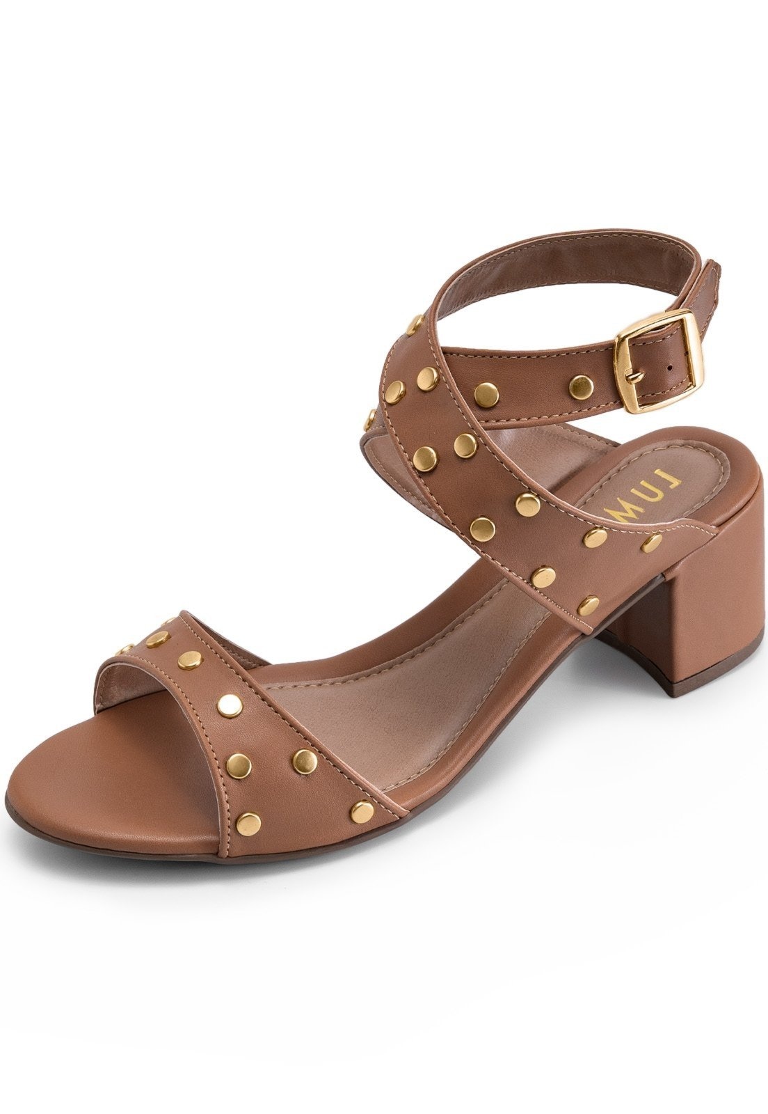 Imagem principal Sandália Feminina Lumiss Salto Baixo Bloco Confortável Bico Redondo Tachas Amêndoa LUMISS caramelo