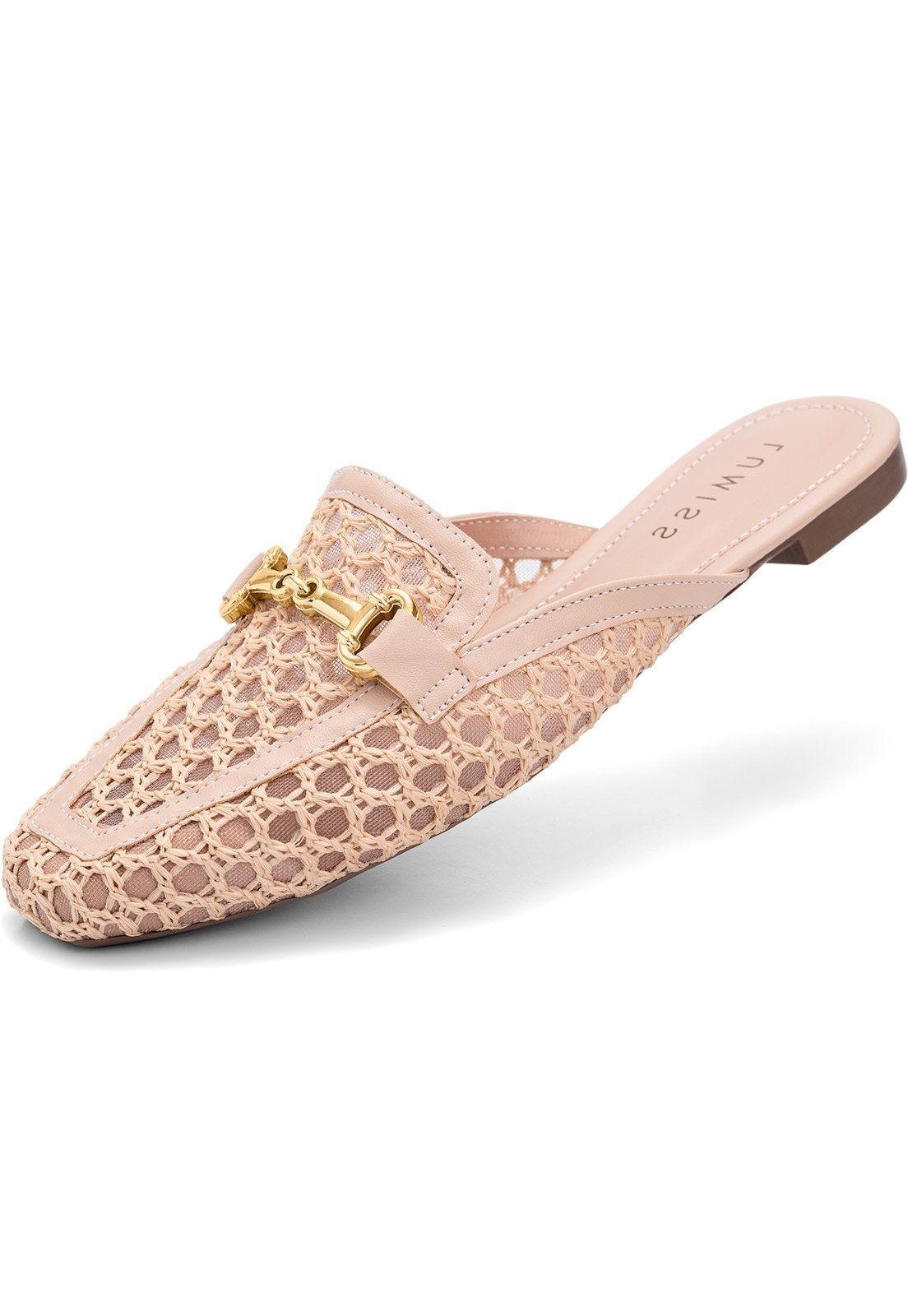 Imagem principal Mule Feminino Lumiss Material Natural Tela Bico Quadrado Confortável Enfeite Dourado Nude LUMISS nude natural
