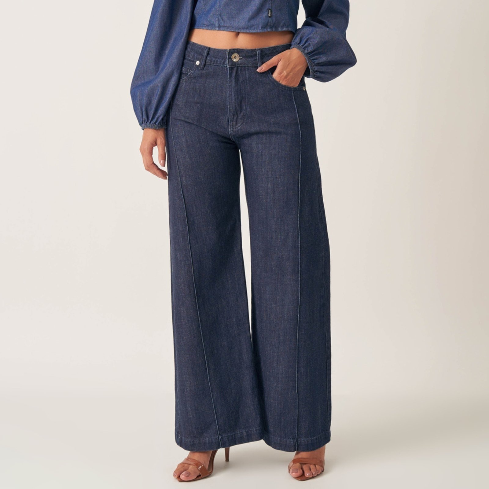 Imagem principal Calça Jeans Wide Cintura Alta Nervura Bloom azul marinho