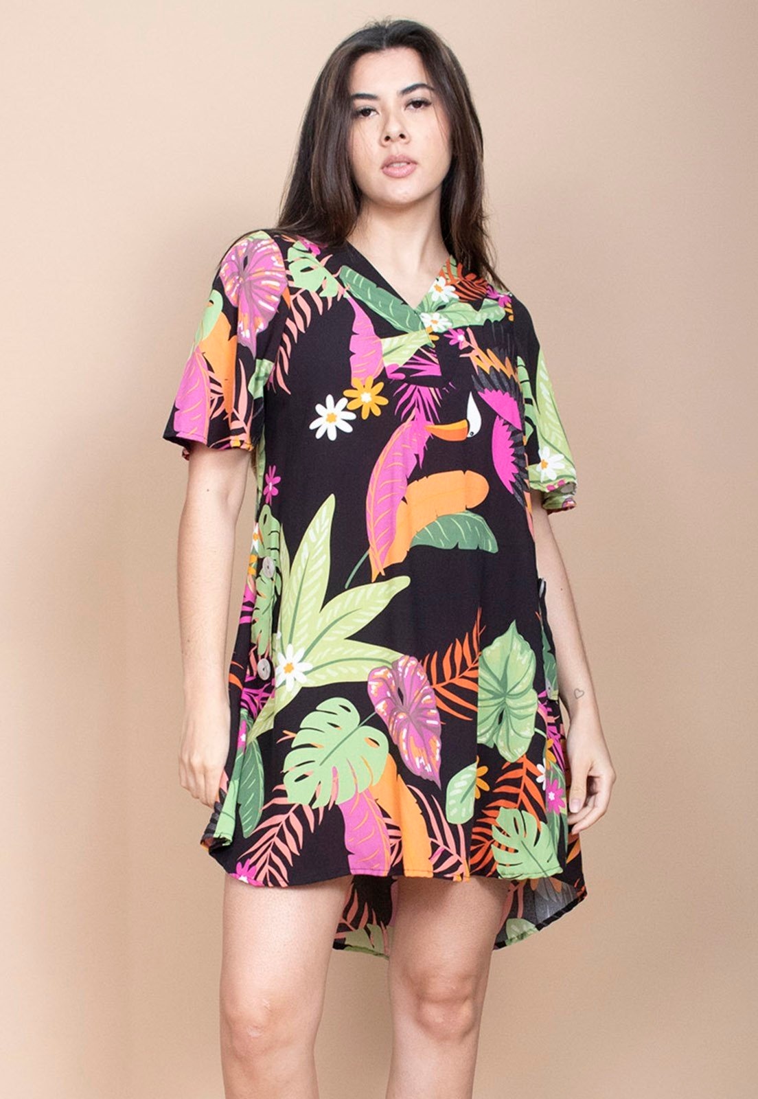 Imagem principal Vestido Curto Cabanafree Pataxô Viscose Mullet Decote V Noite Botânica Cabanafree azul/estampado/rosa/verde