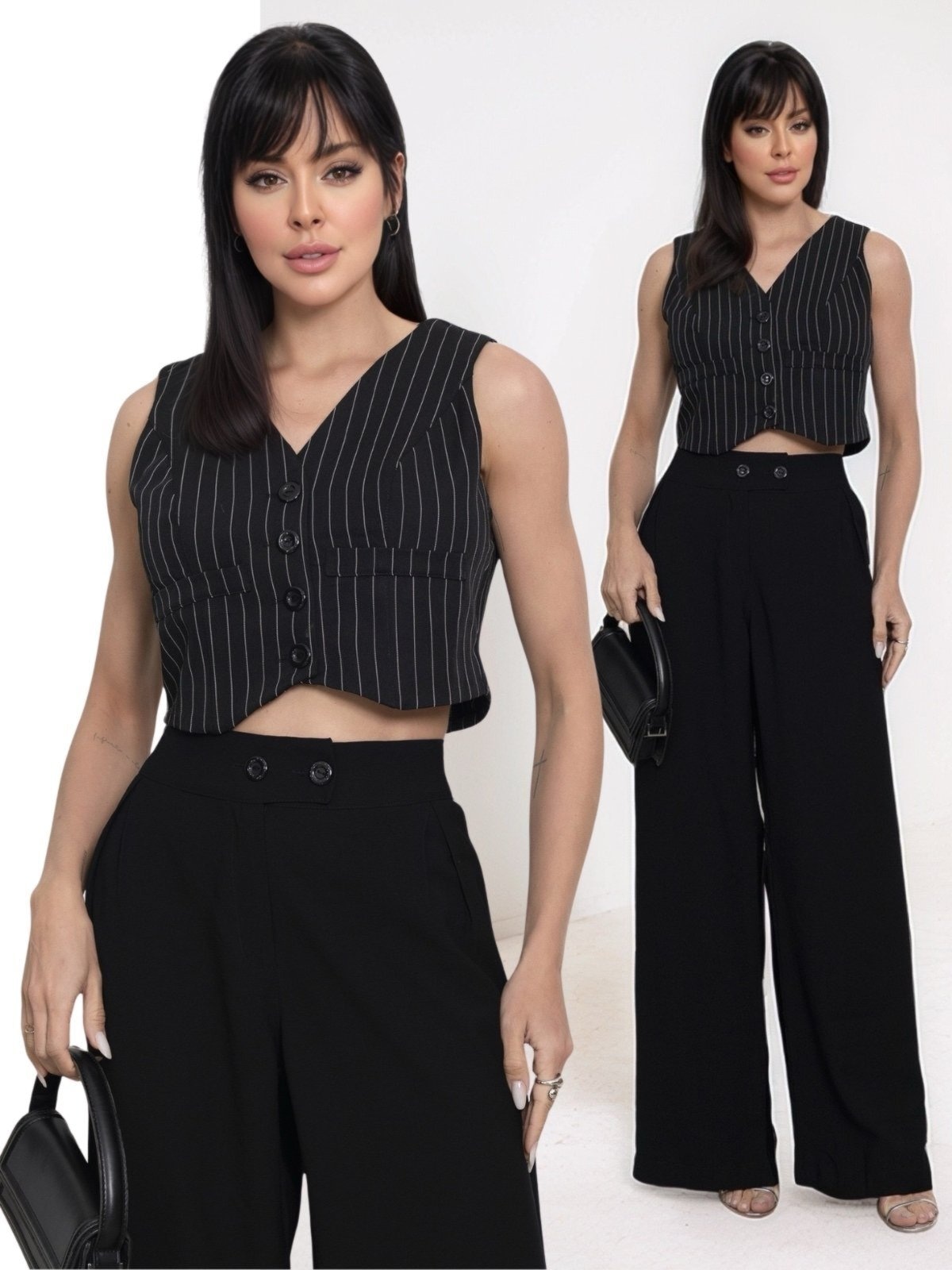 Imagem principal Conjunto Feminino Alfaiataria Divina Gata Colete Calça Pantalona Listra Fio Tinto DIVINA GATA preto