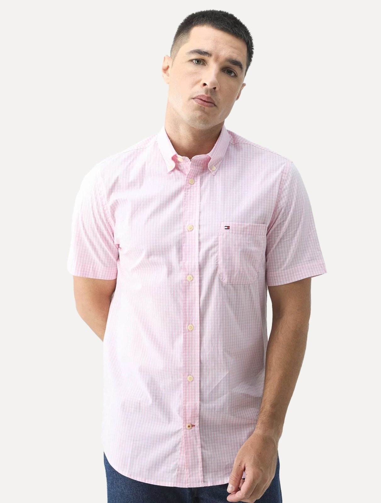 Imagem principal Camisa Tommy Hilfiger Masculina Manga Curta Xadrez Gingham Branca Claro Tommy Hilfiger rosa