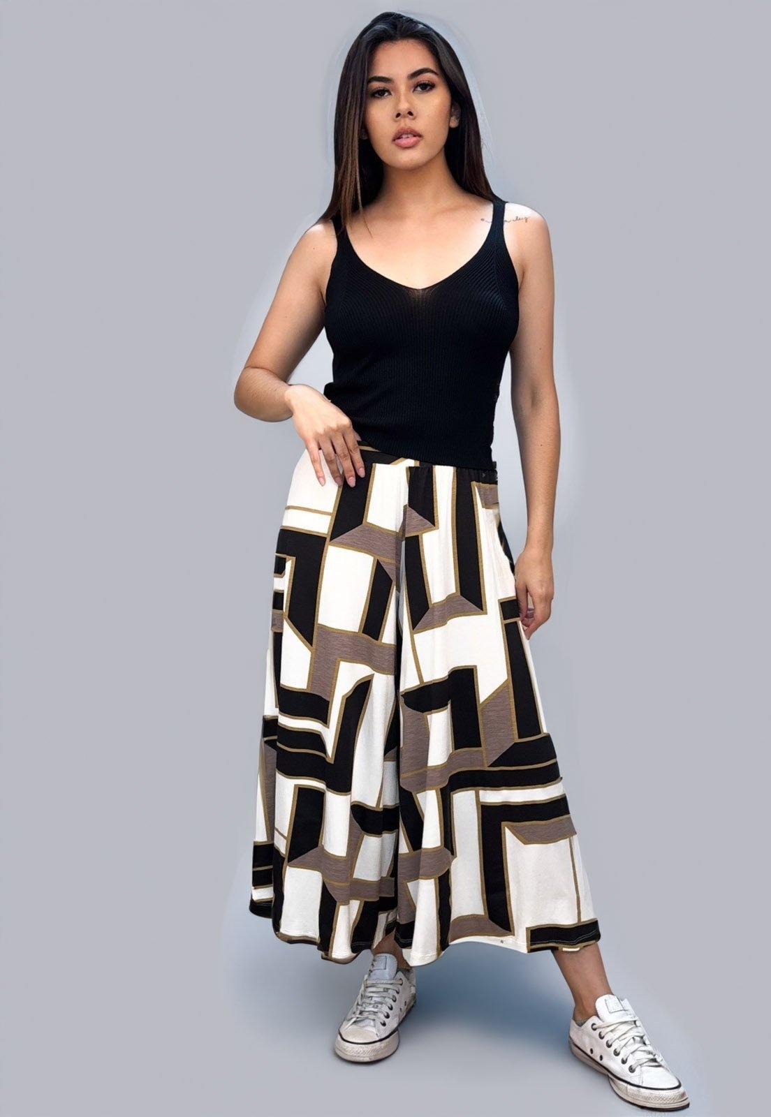 Imagem principal Calça Pantacourt Cabanafree Saia Malha Macaúba Estampa Igaci Cabanafree branco/estampado/preto