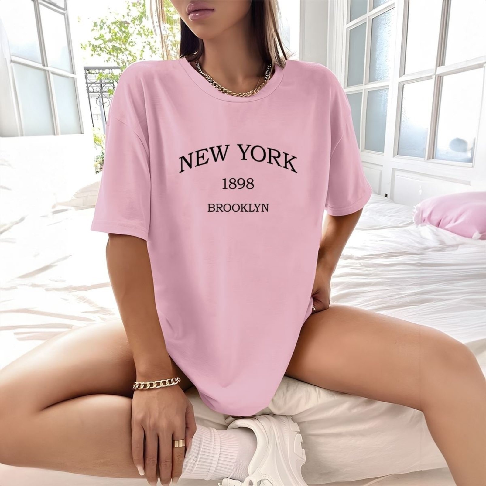 Imagem principal Camisa Camiseta Feminina Estampada New York 1898 Brooklyn 100% Algodão Fio 30.1 Penteado Genuine rosa