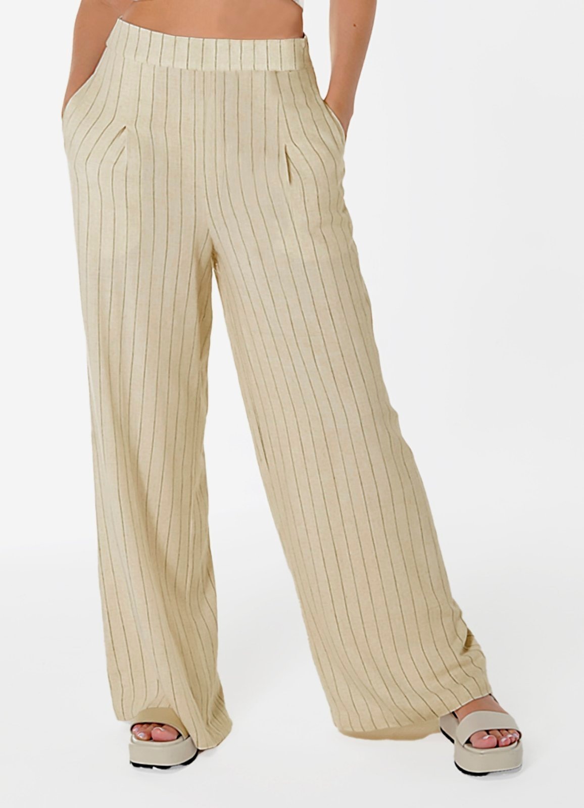 Imagem principal Calça Pantalona de Linho Risca de Giz com Bolsos SOB bege