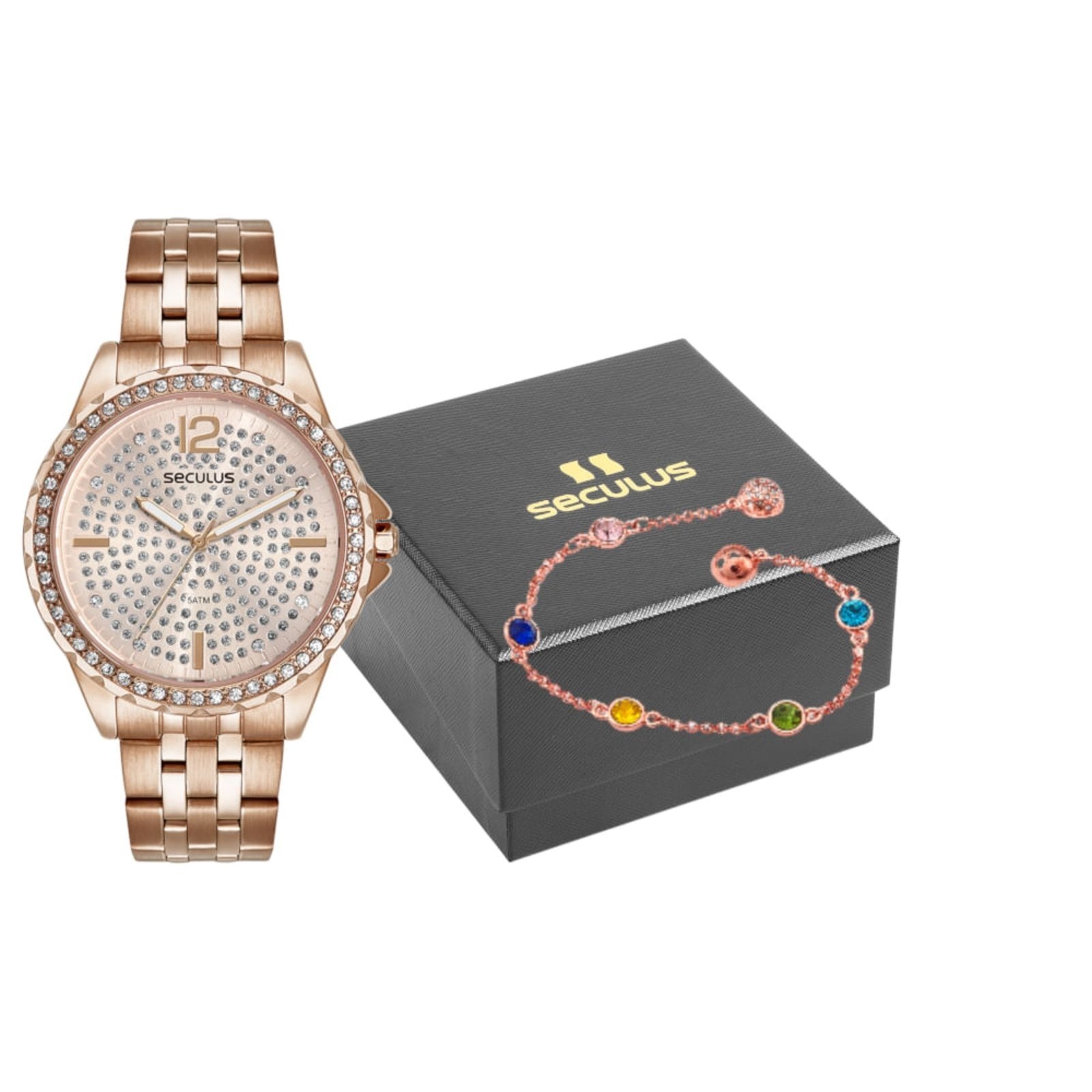 Imagem principal Kit Relógio Feminino Cristais Rosé com Pulseira Colorida Seculus rosa rosé