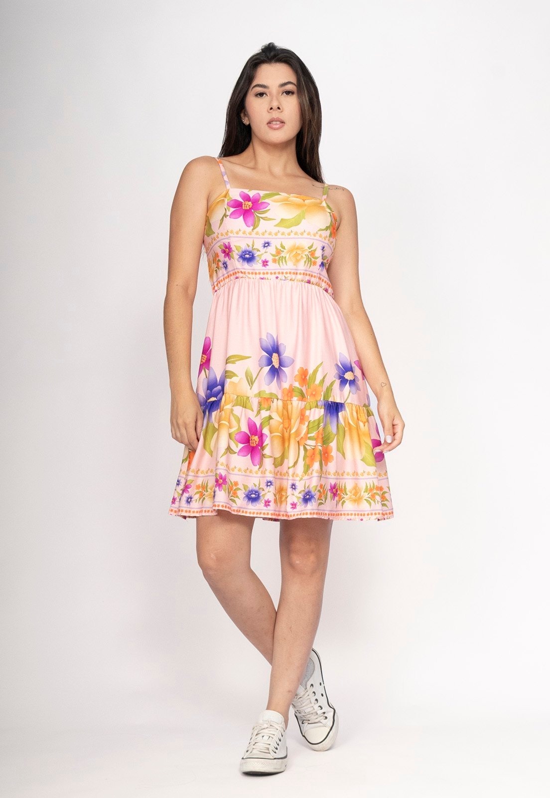 Imagem principal Vestido CabanaFree Curto Alça Fina Estampa Jardim Rosa Cabanafree branco/estampado rosa