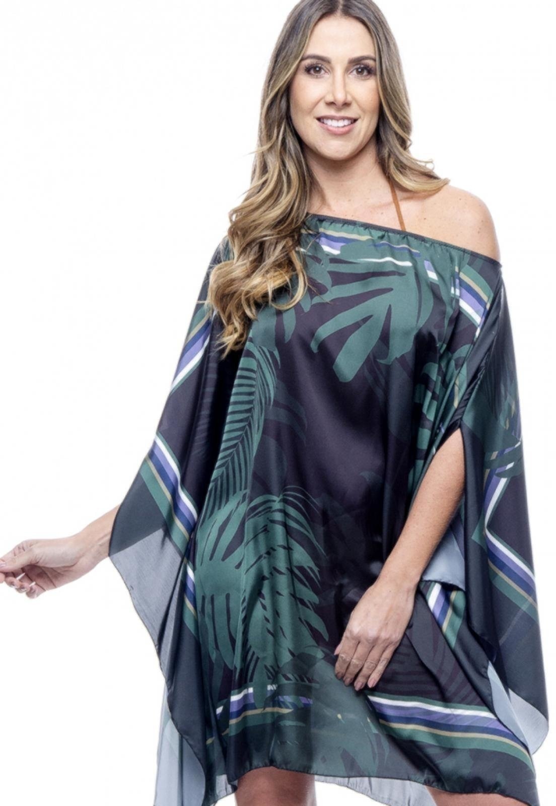 Imagem principal Vestido Kaftan Curto Cetim Estampado EXCLUSIVO Folhagem Verde Fundo 101 Resort Wear preto/verde verde