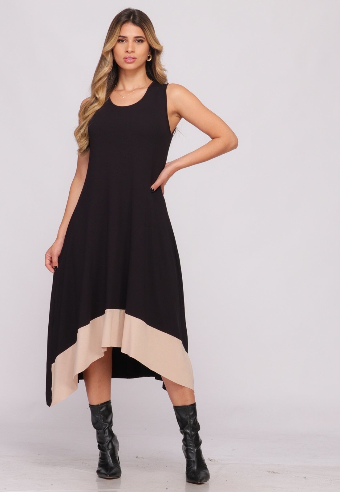 Imagem principal Vestido Midi Assimétrico com Pontas B'Bonnie Nani BBonnie bege/preto