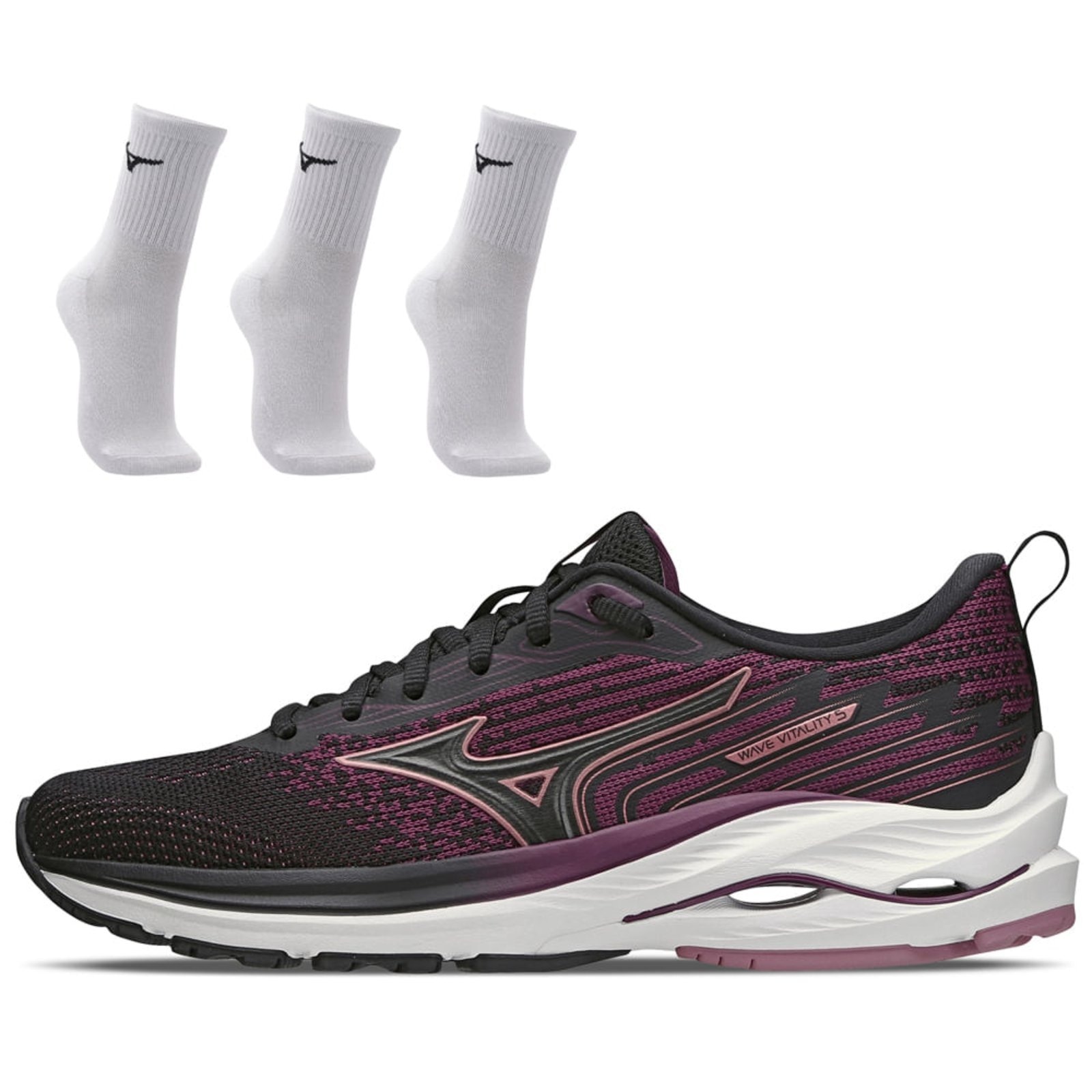 Imagem principal Kit 1 Tênis de Corrida Feminino Mizuno Wave Vitality 5 e 3 Pares de Meia Cano Médio Mizuno preto