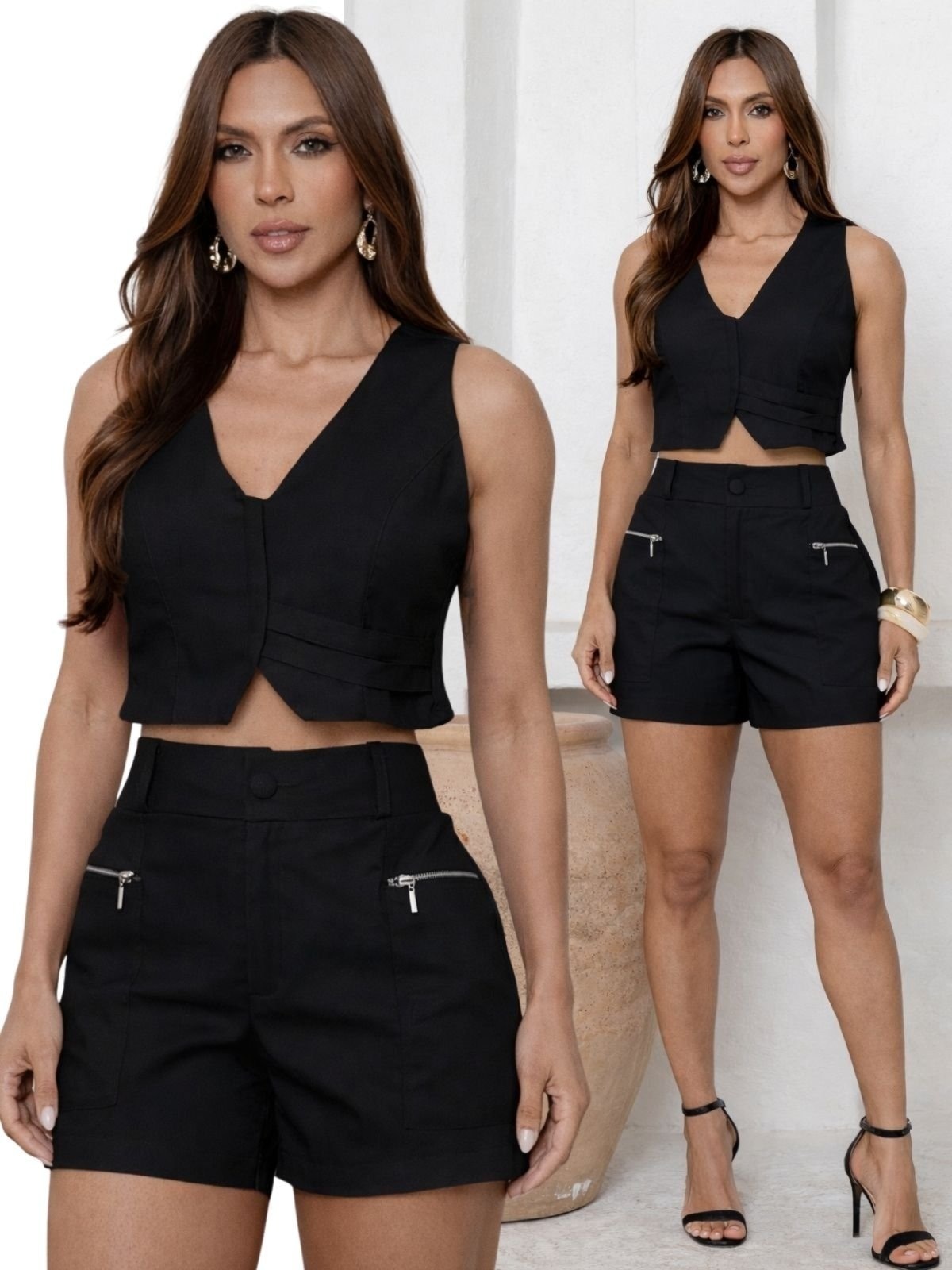 Imagem principal Conjunto Feminino Linho Cropped Colete e Shorts DIVINA GATA preto